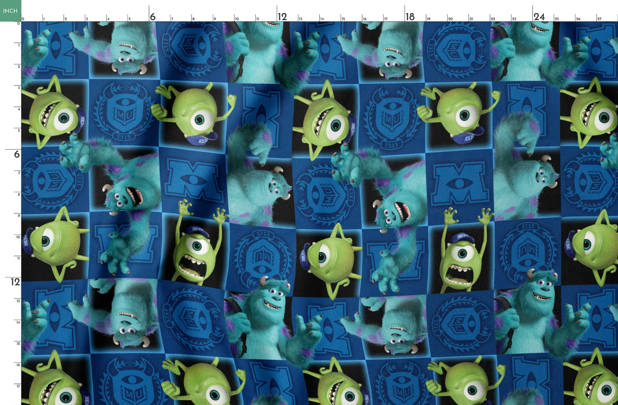 Monsters Inc characters pattern with Mike and Sulley on blue background with logos and emblems springs fatquarter mockup