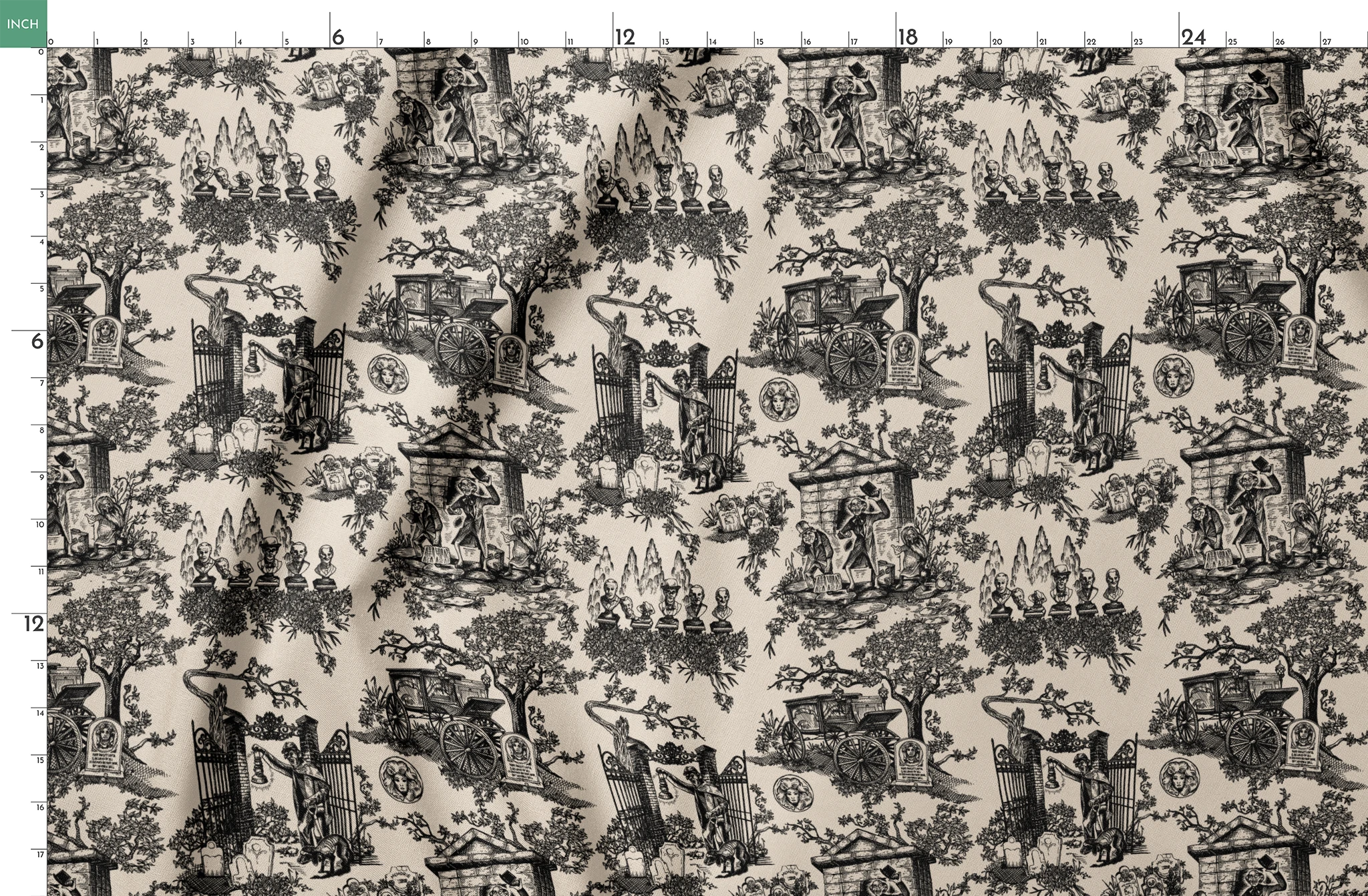 Black and white toile pattern with garden scenes, architectural elements, and decorative figures in a classical style springs fatquarter mockup
