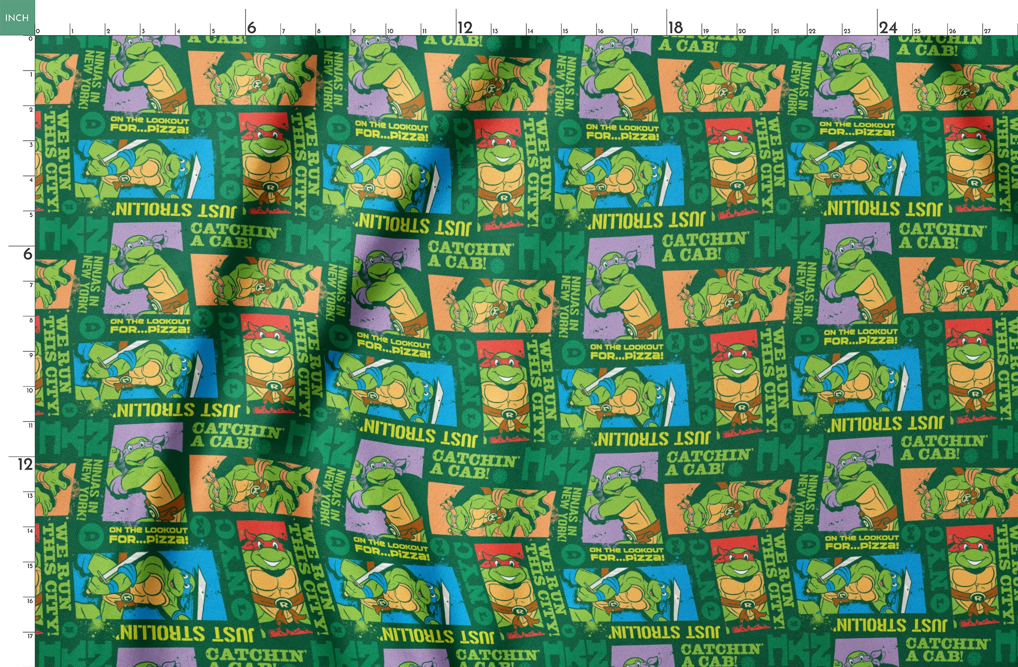 Teenage Mutant Ninja Turtles comic-style panels with phrases like "Catchin' a cab!" and "On the lookout for pizza!" on green background springs fatquarter mockup