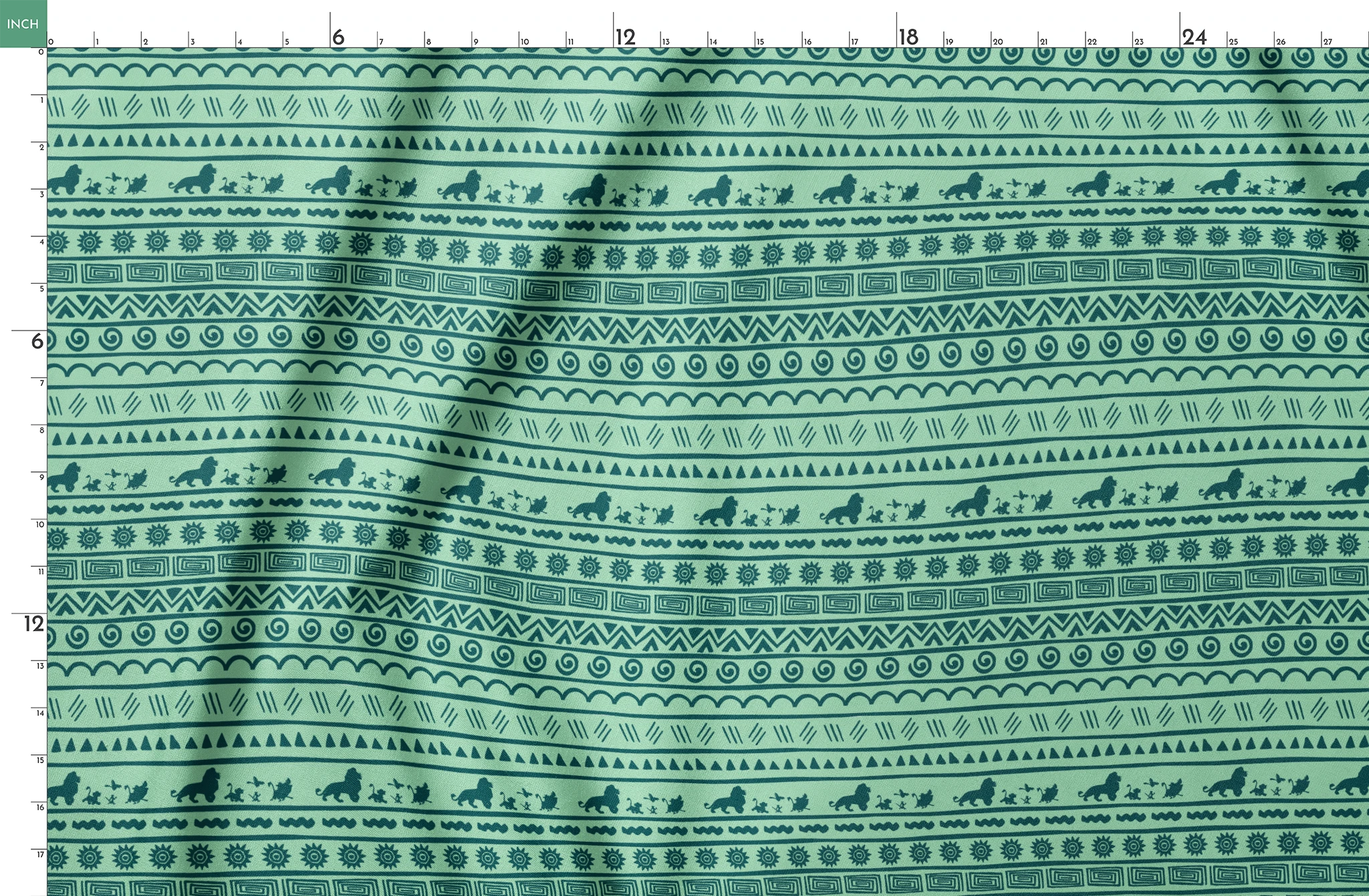 Traditional African-inspired pattern in dark teal on mint green with lions, spirals, triangles, and geometric motifs springs fatquarter mockup