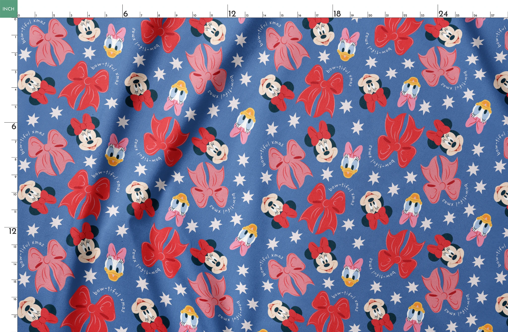 Disney character pattern with Minnie Mouse, Daisy Duck, and pink/red bows on blue background with white stars springs fatquarter mockup