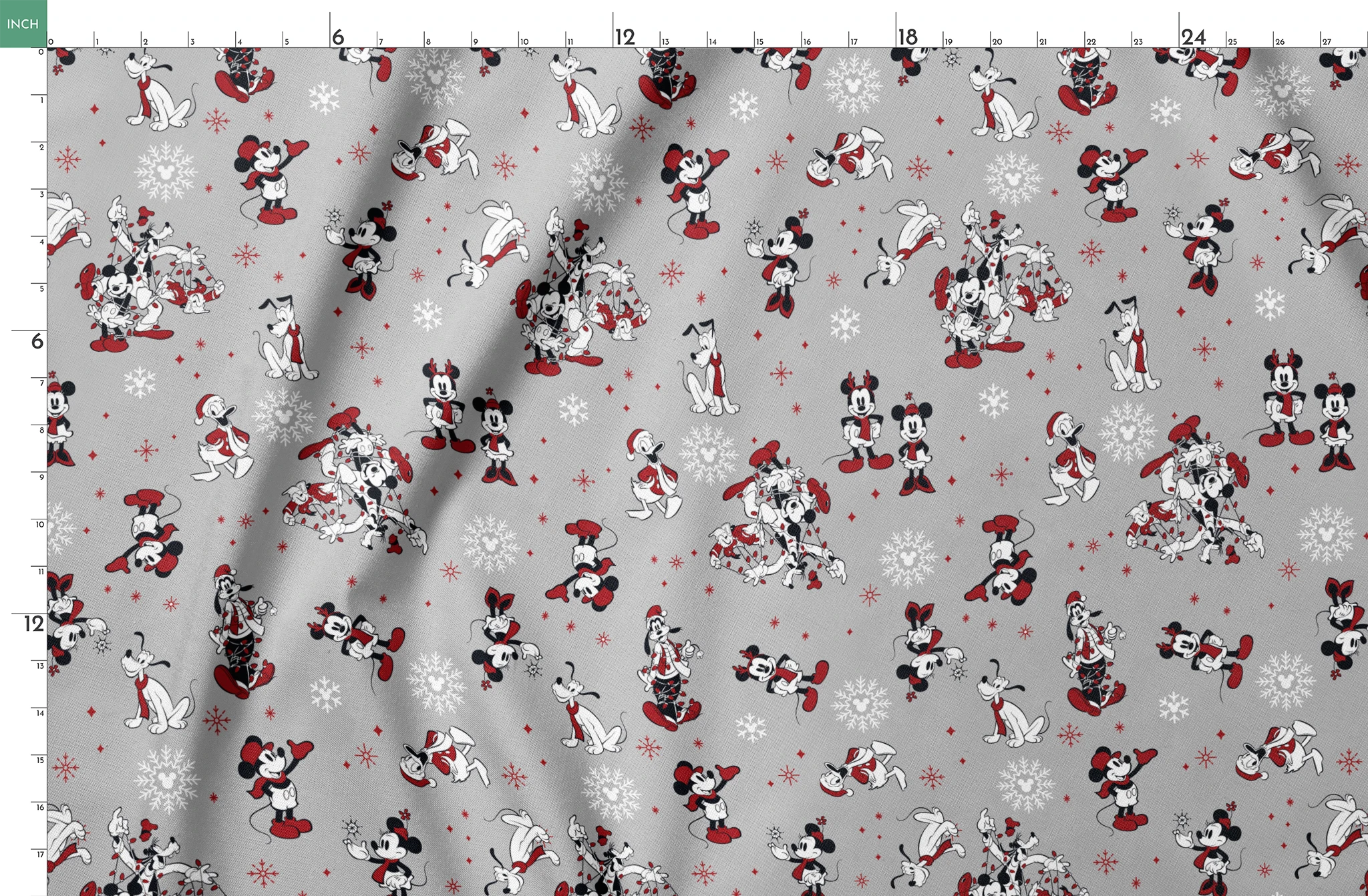 Mickey and Minnie Mouse characters in winter attire with snowflakes on gray background springs fatquarter mockup