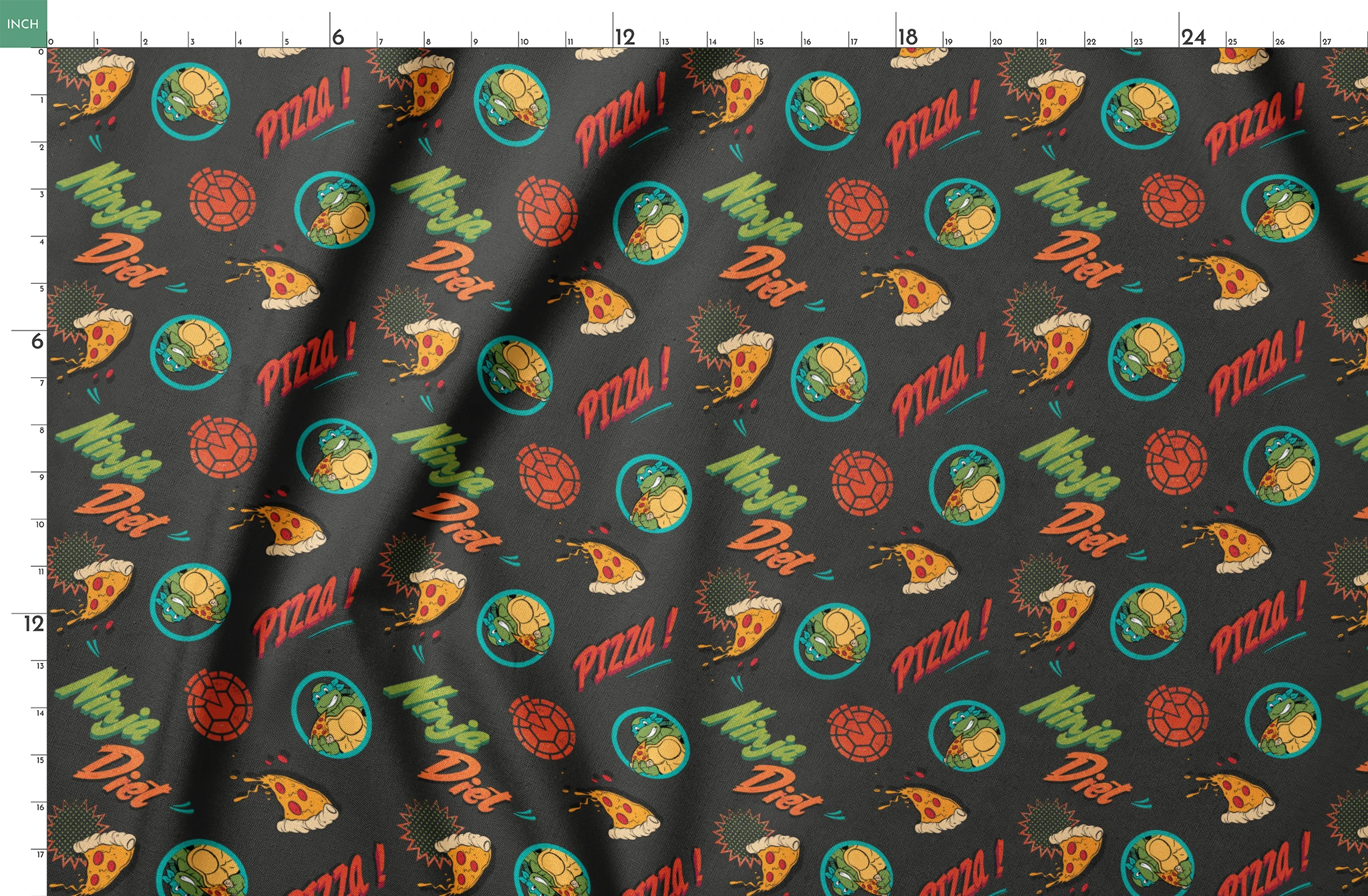 Colorful cartoon pizza pattern with "Pizza!" text, Teenage Mutant Ninja Turtles in circles, and decorative elements on dark background. springs fatquarter mockup