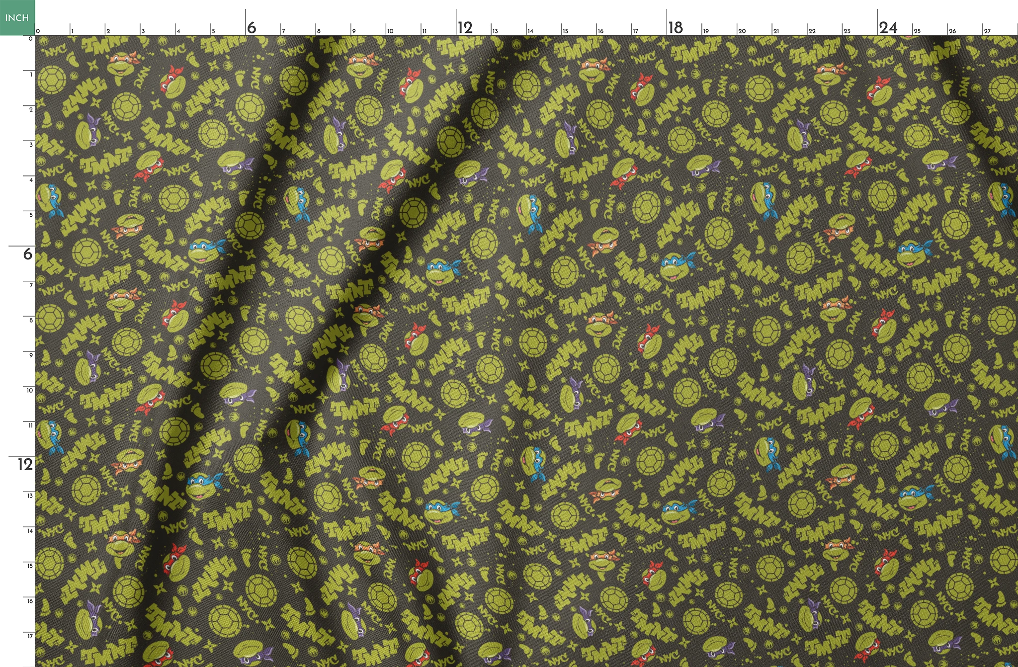 Pattern of Teenage Mutant Ninja Turtles with "TMNT" text on dark background springs fatquarter mockup
