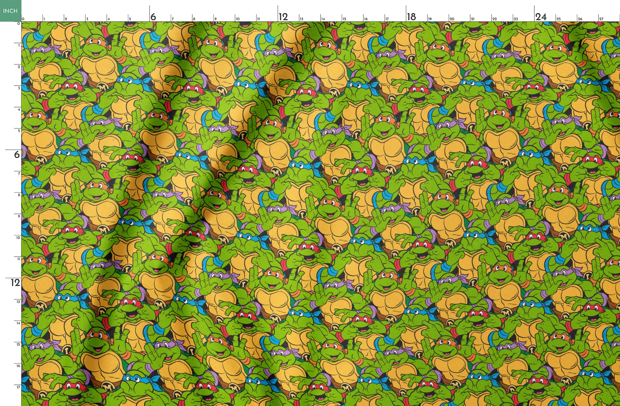 Colorful pattern of cartoon Teenage Mutant Ninja Turtles with green skin and yellow shells springs fatquarter mockup