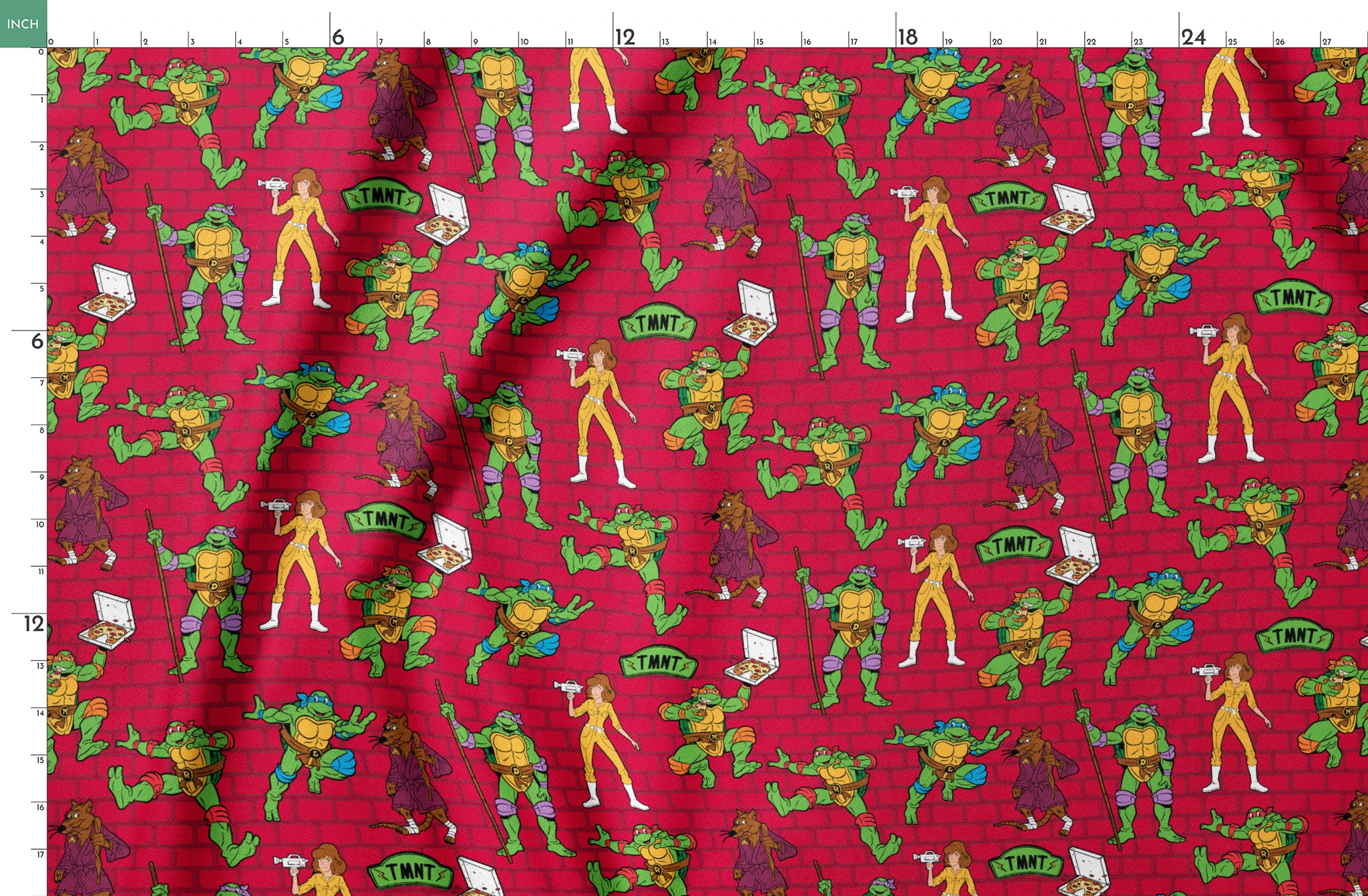 Teenage Mutant Ninja Turtles pattern on red background with green turtle characters in action poses springs fatquarter mockup