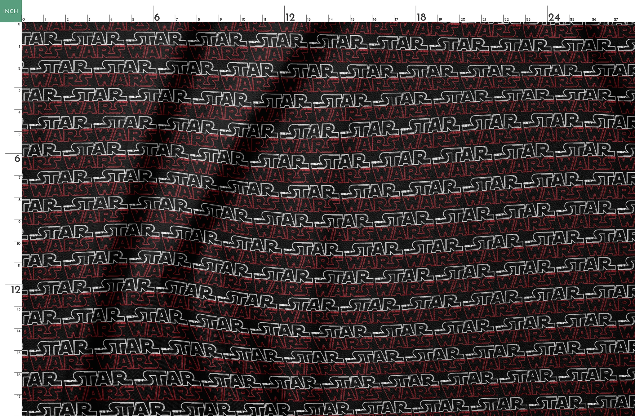 Star Wars logo pattern with white "STAR" and red "WARS" text repeating on black background springs fatquarter mockup