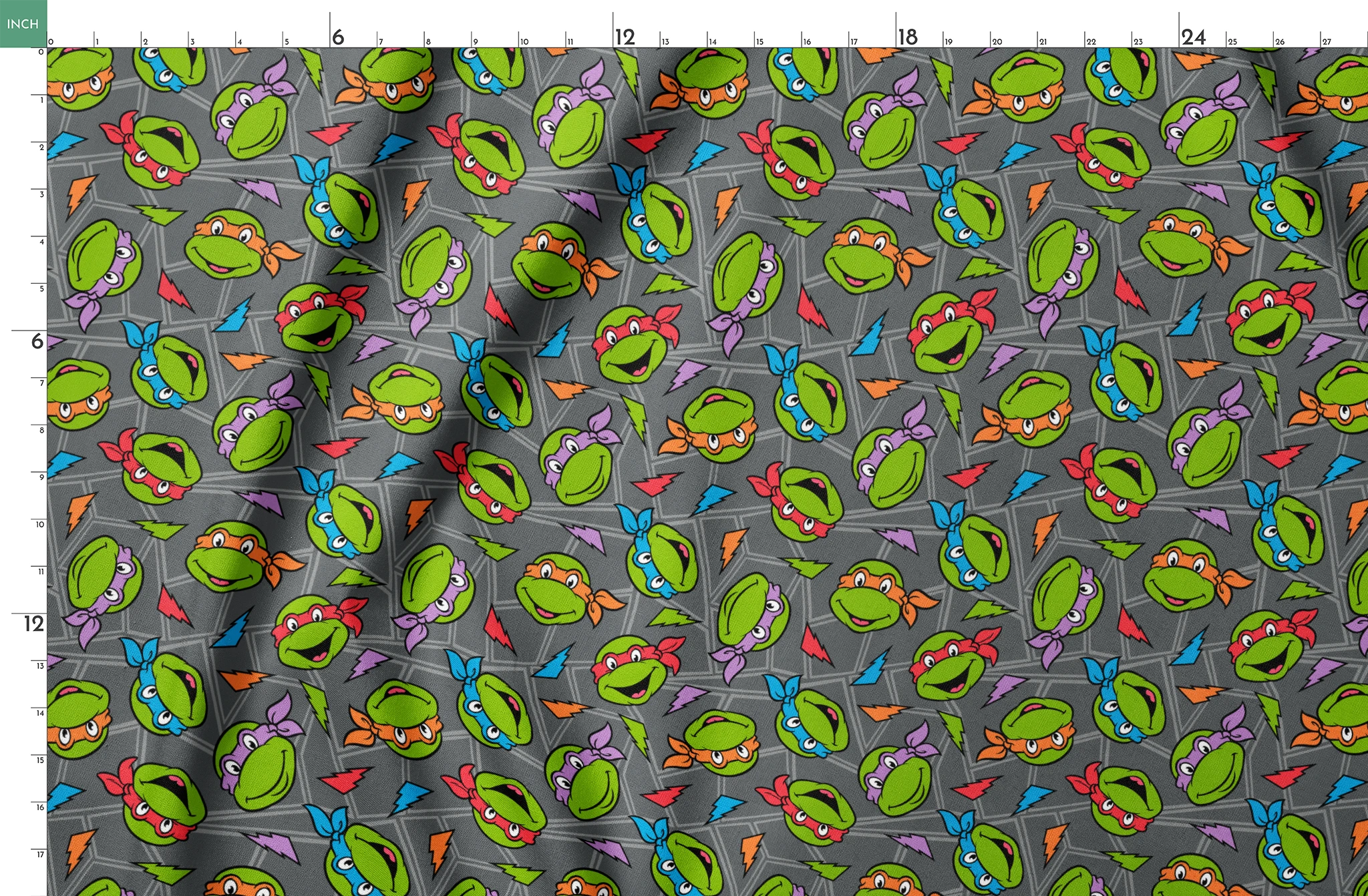 Colorful pattern of Teenage Mutant Ninja Turtles faces with red, orange, blue, and purple masks on grey background. springs fatquarter mockup