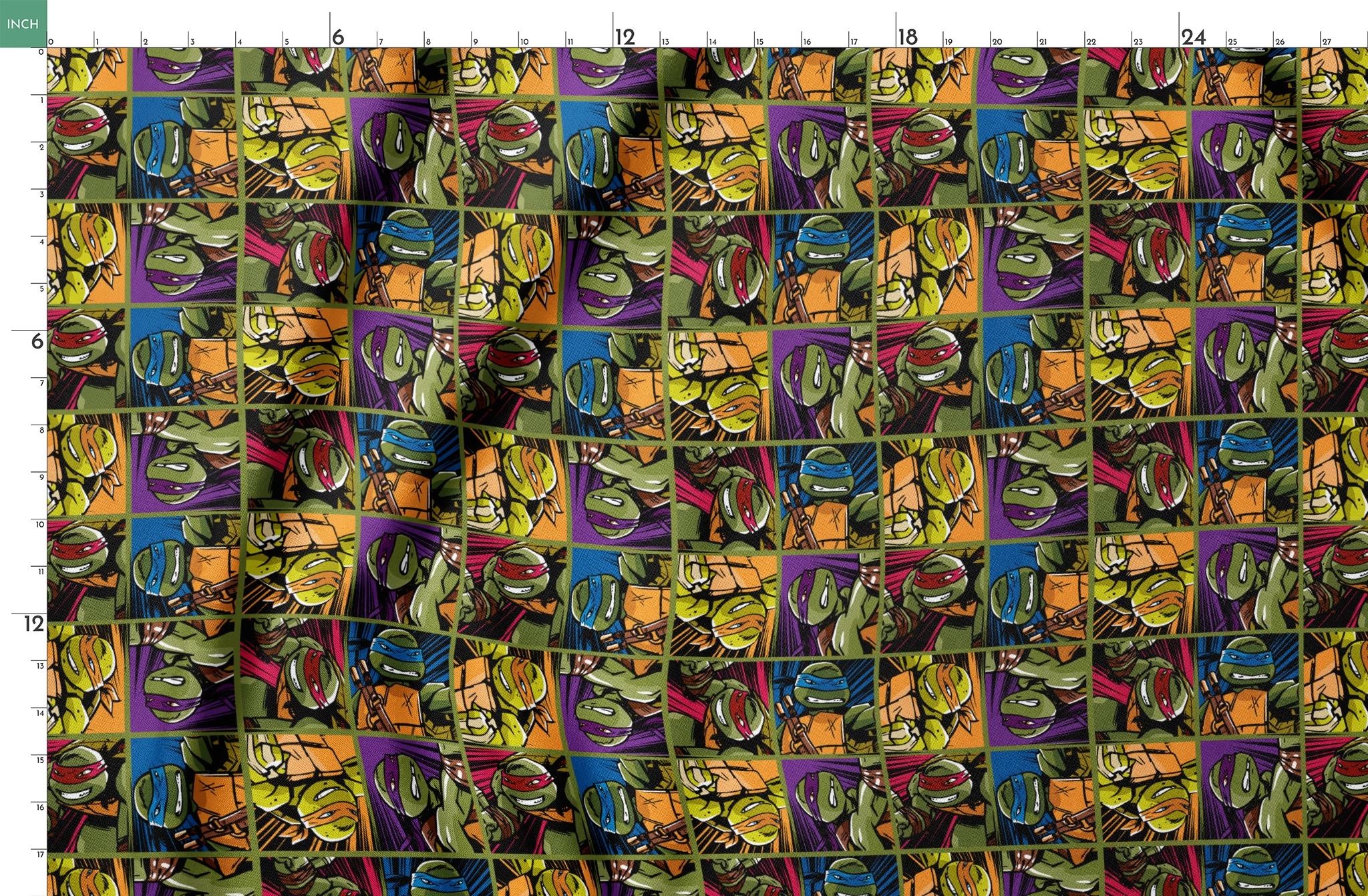 Colorful grid pattern of Teenage Mutant Ninja Turtles characters with various expressions and colored masks springs fatquarter mockup