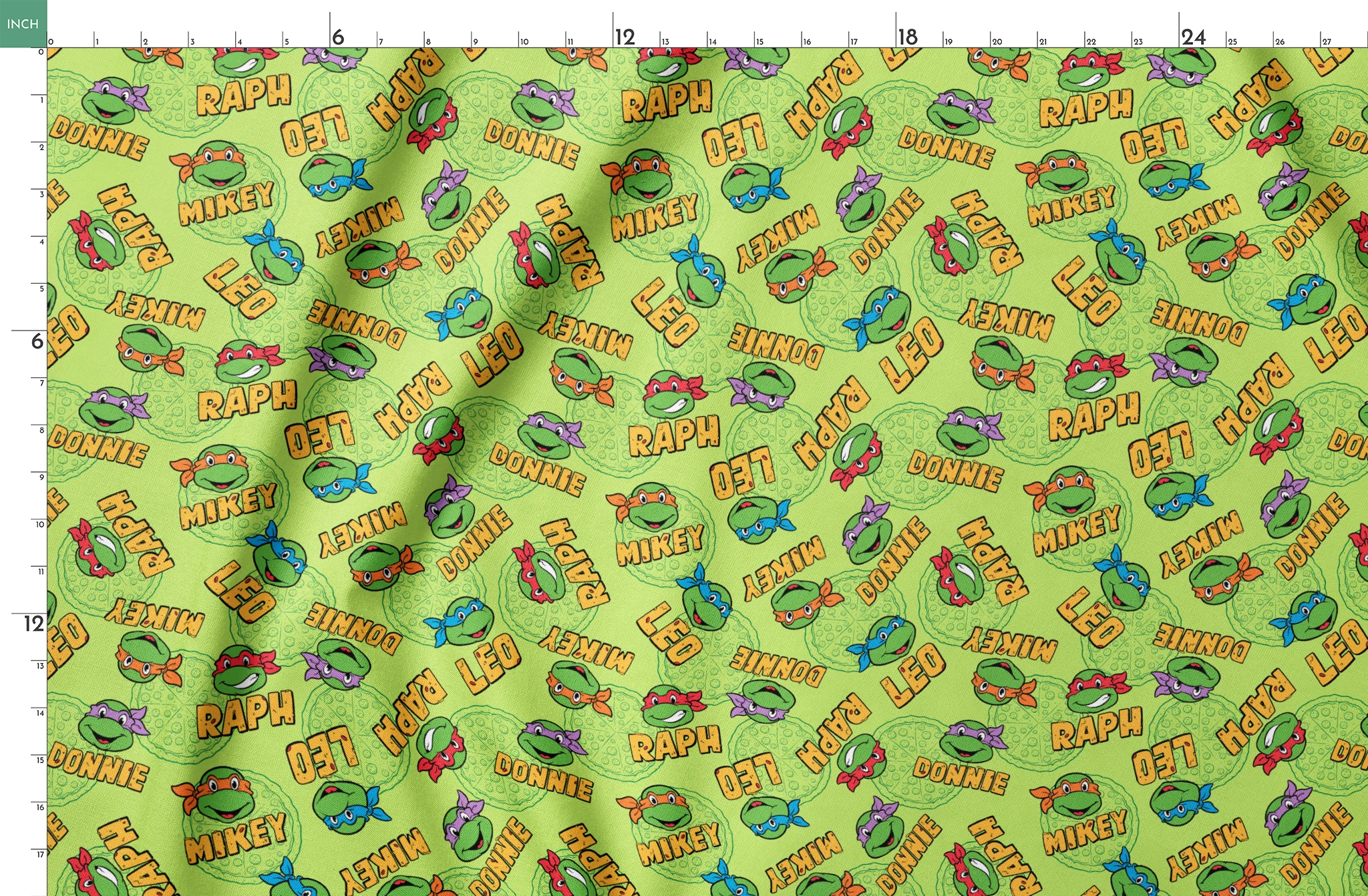 Teenage Mutant Ninja Turtles pattern with cartoon faces, names, and colorful masks on green background springs fatquarter mockup