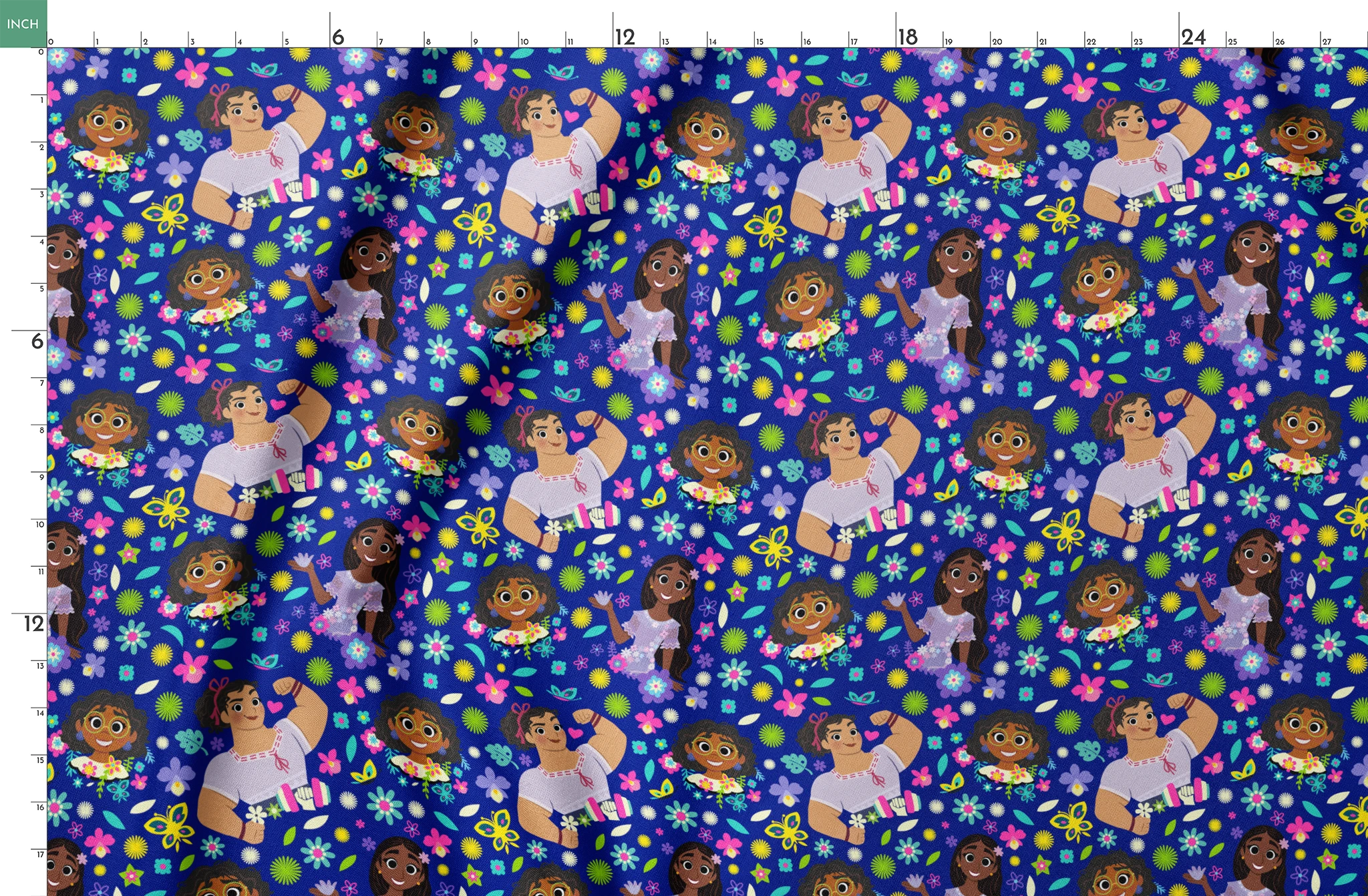 Colorful cartoon characters surrounded by bright flowers on vibrant blue background springs fatquarter mockup