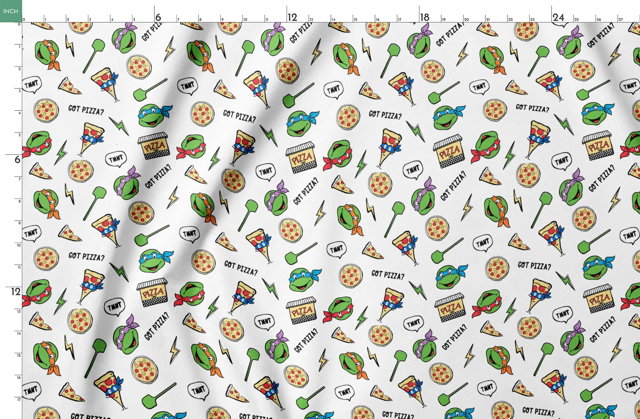 Cartoon pattern with Teenage Mutant Ninja Turtles, pizza slices, whole pizzas, lightning bolts and "GOT PIZZA?" text springs fatquarter mockup