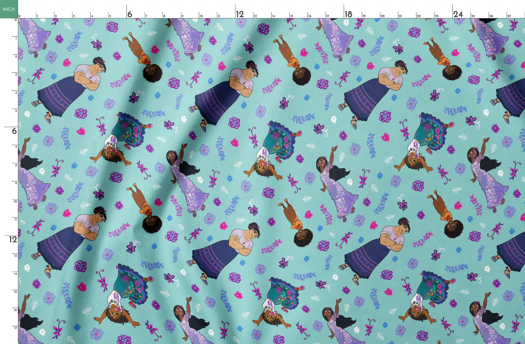 Colorful pattern with figures in traditional clothing, butterflies, and floral elements on teal background springs fatquarter mockup