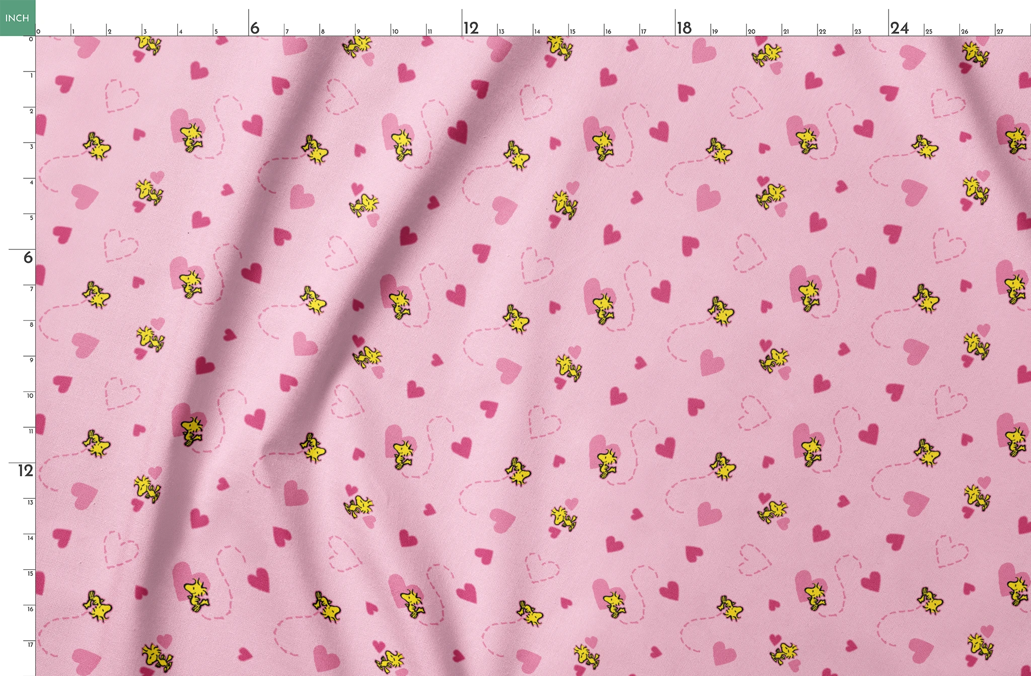 Pink background with hearts and Woodstock pattern, dotted heart outlines and solid pink hearts scattered throughout. springs fatquarter mockup
