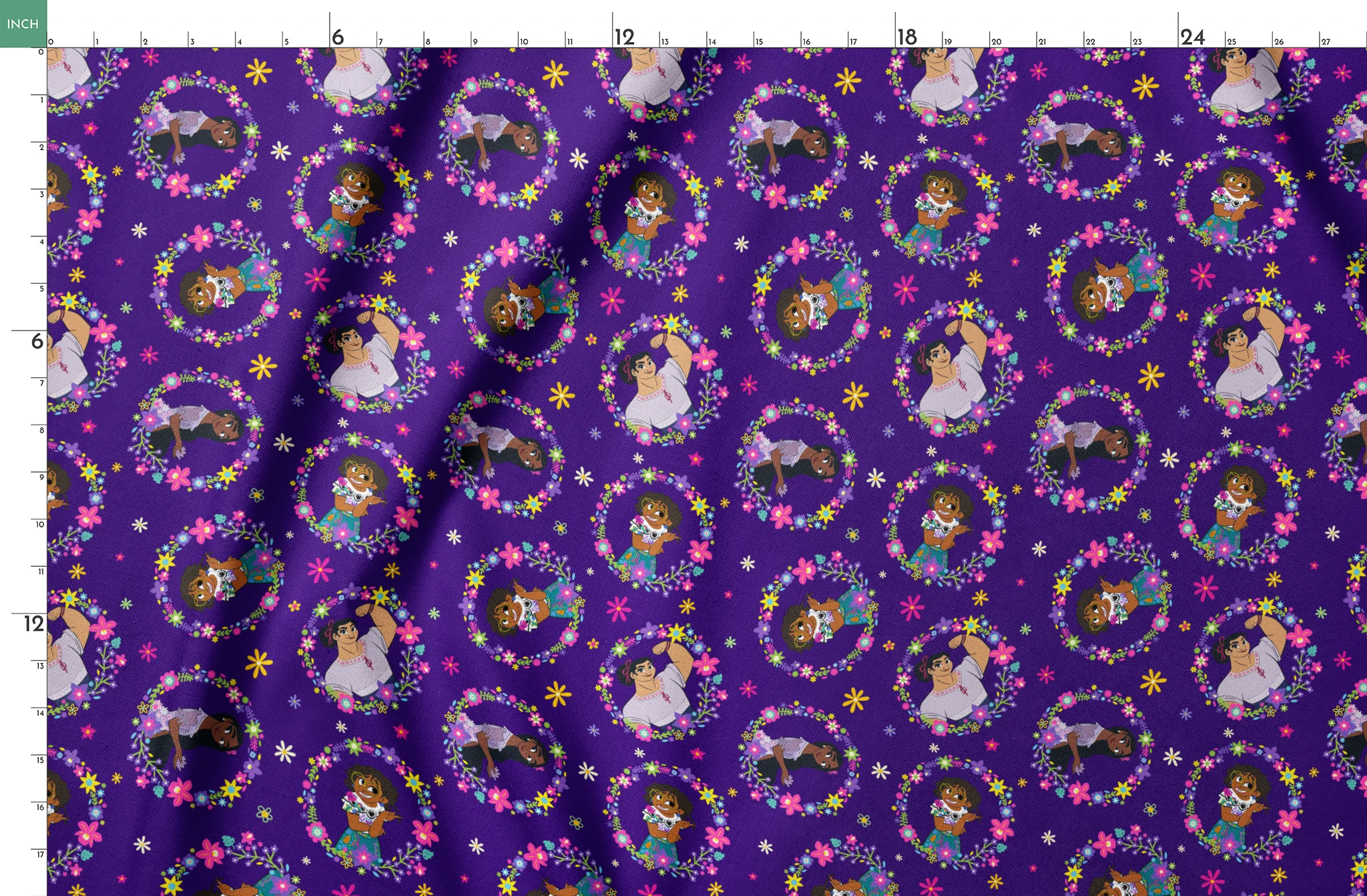 Colorful cartoon characters in floral wreaths pattern on deep purple background with stars springs fatquarter mockup