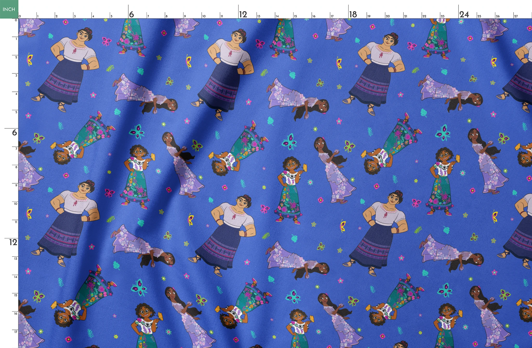 Colorful cartoon figures in traditional clothing floating on vibrant blue background with butterflies and flowers springs fatquarter mockup