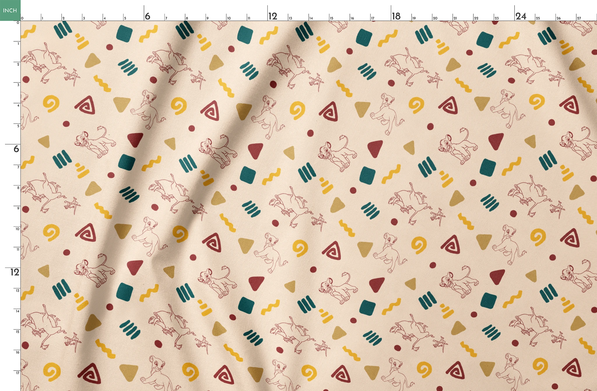 Abstract pattern with line art animal sketches, geometric shapes in teal, yellow, and burgundy on beige background springs fatquarter mockup