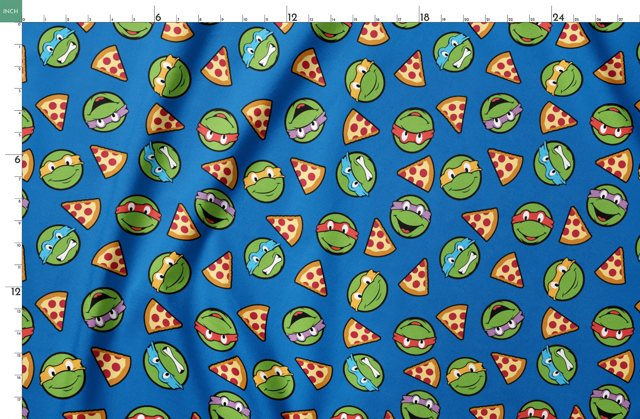 Teenage Mutant Ninja Turtle faces with colored masks and pizza slices pattern on blue background springs fatquarter mockup