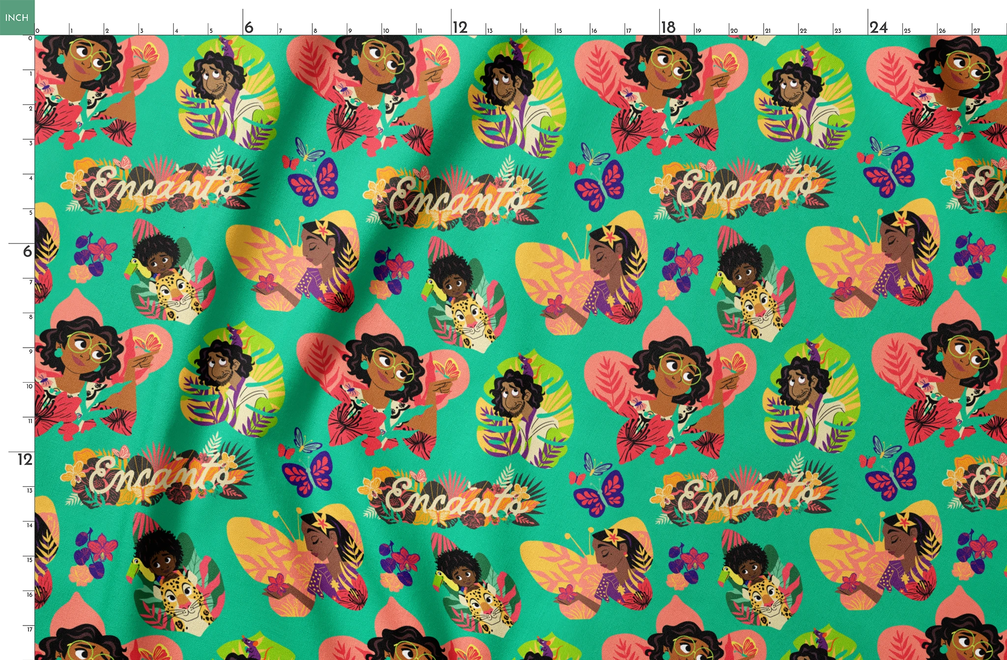 Colorful illustration with characters, butterflies, and tropical leaves on turquoise background with "Encanto" text springs fatquarter mockup