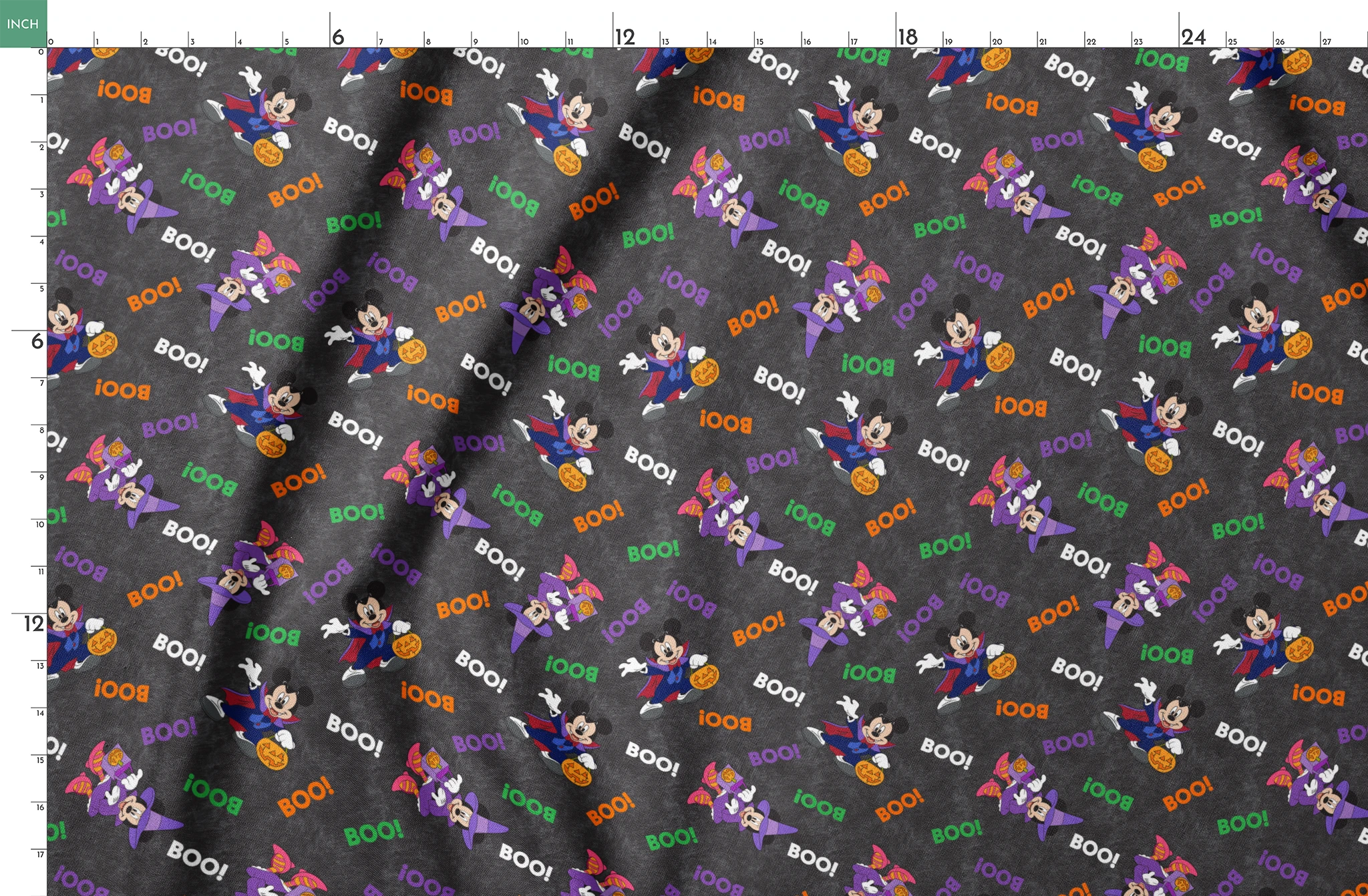 Halloween themed pattern with Disney characters in costumes, pumpkins, and colorful "BOO!" text on dark gray background. springs fatquarter mockup
