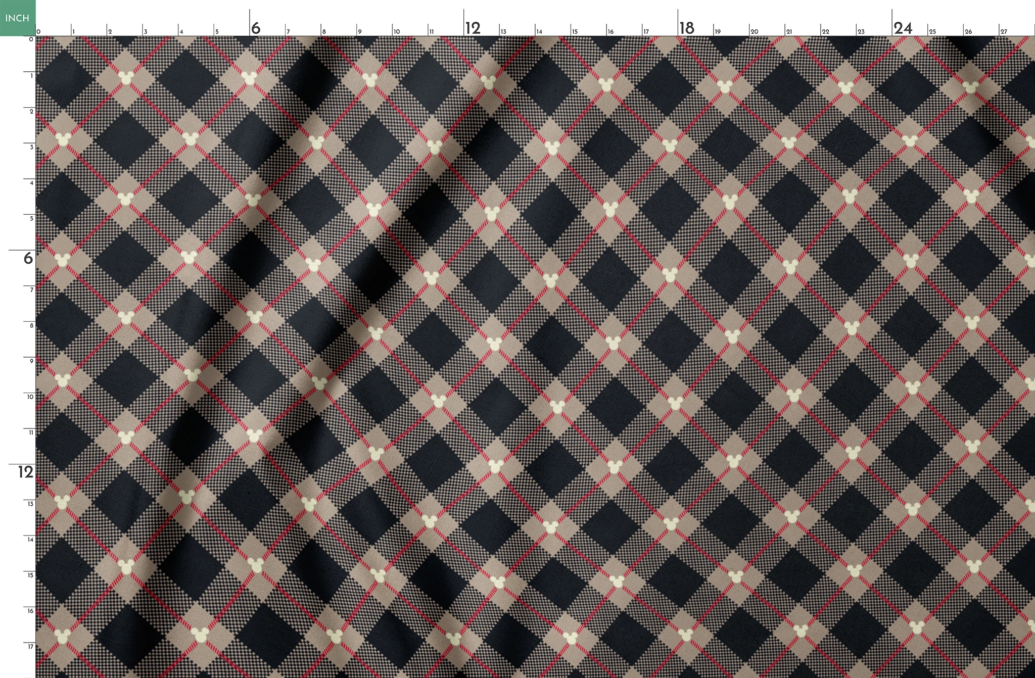 Diagonal plaid pattern with navy, beige, red stripes, checkered sections and small white circular details springs fatquarter mockup