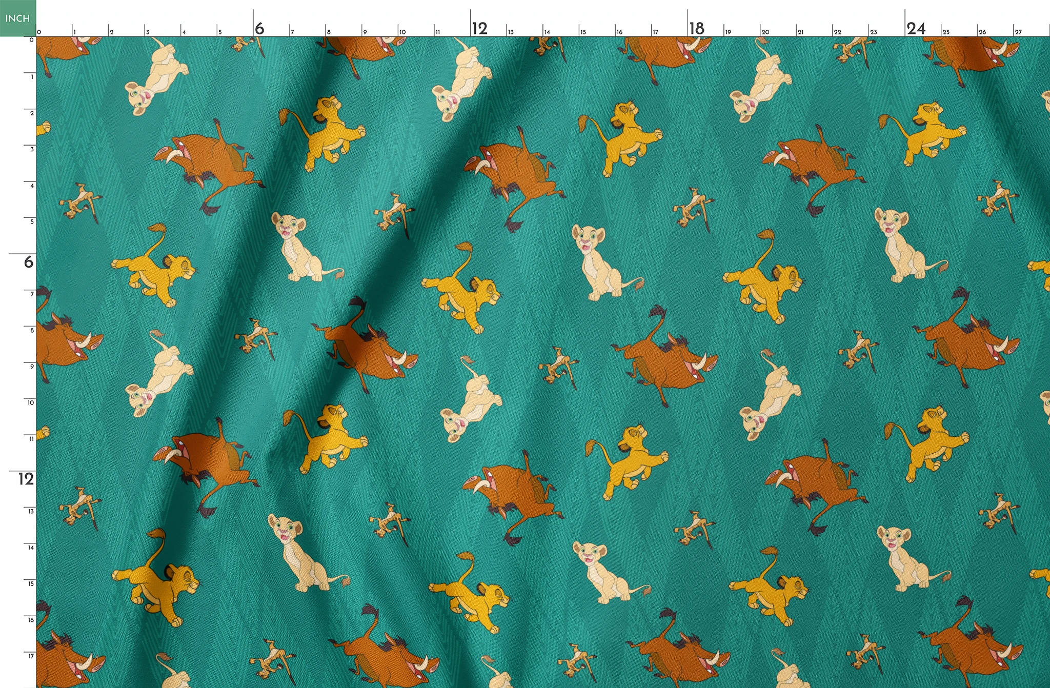 Lion cubs in various poses on teal zigzag background; yellow, cream, and brown lions jumping and sitting springs fatquarter mockup