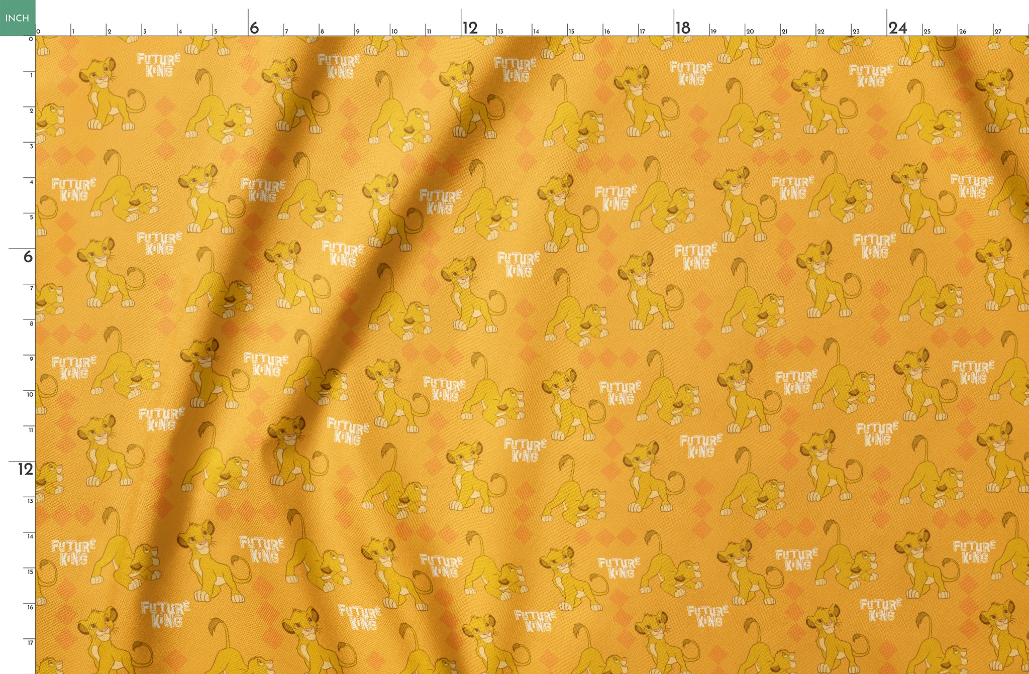 Young lion cub cartoon pattern on orange diamond background with "Future King" text springs fatquarter mockup