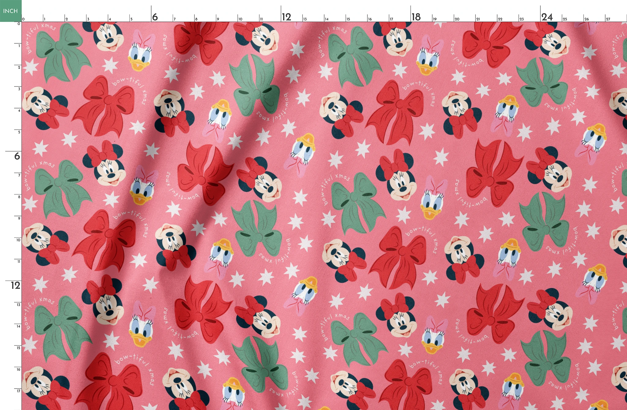 Disney character pattern with Mickey and Minnie Mouse, Donald Duck, bows in red and green on pink background with white stars springs fatquarter mockup