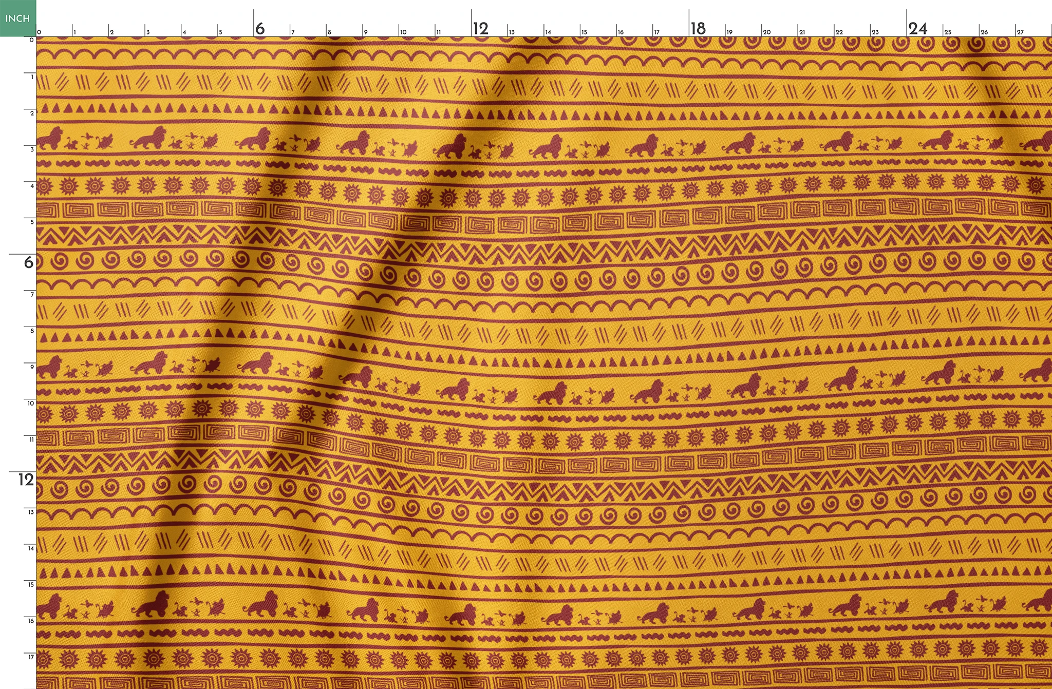 Traditional African pattern in yellow and maroon with spirals, lions, geometric designs, and sun symbols arranged in horizontal bands springs fatquarter mockup