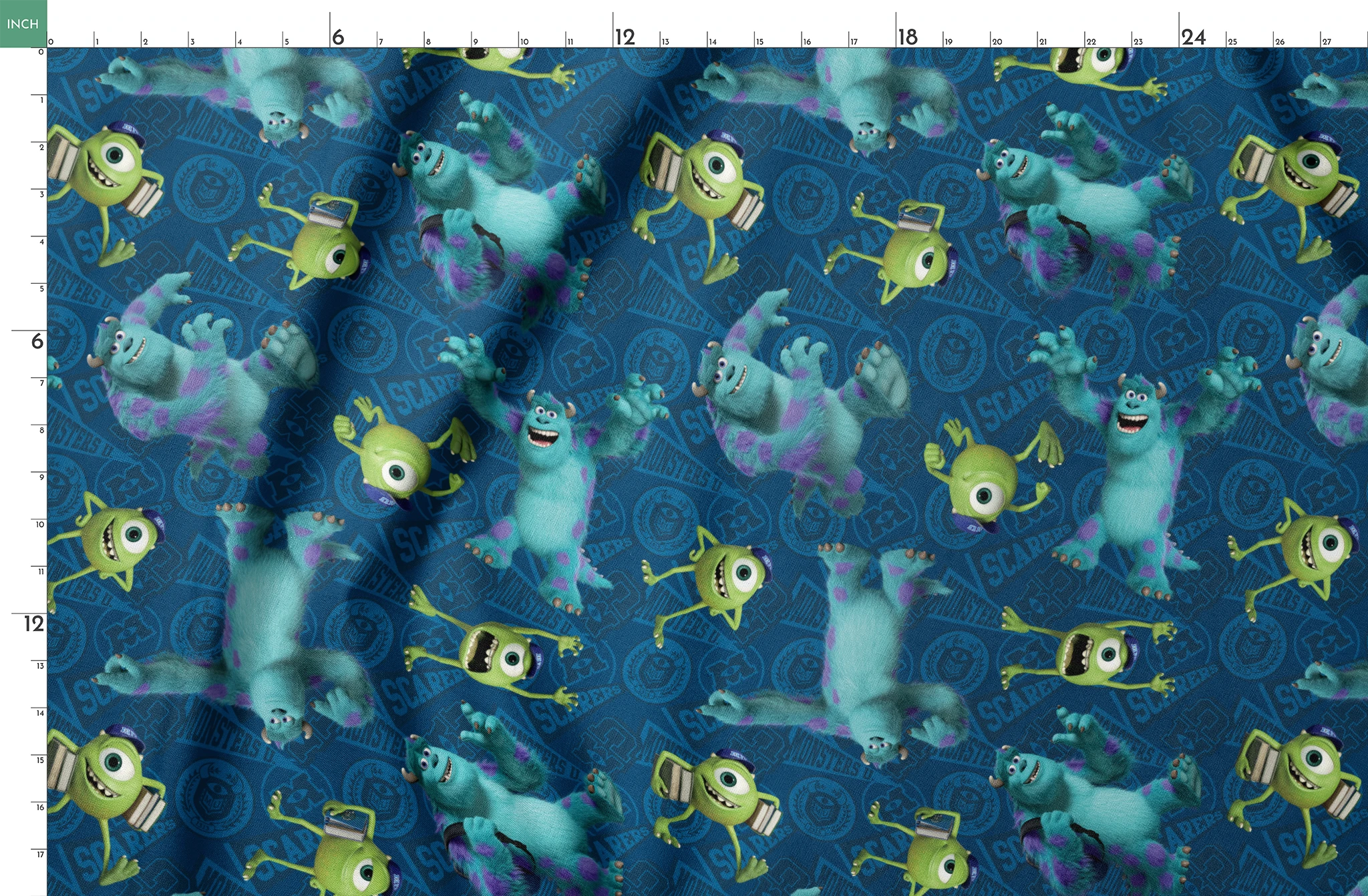 Monsters Inc characters pattern with Mike Wazowski and Sully on blue background springs fatquarter mockup