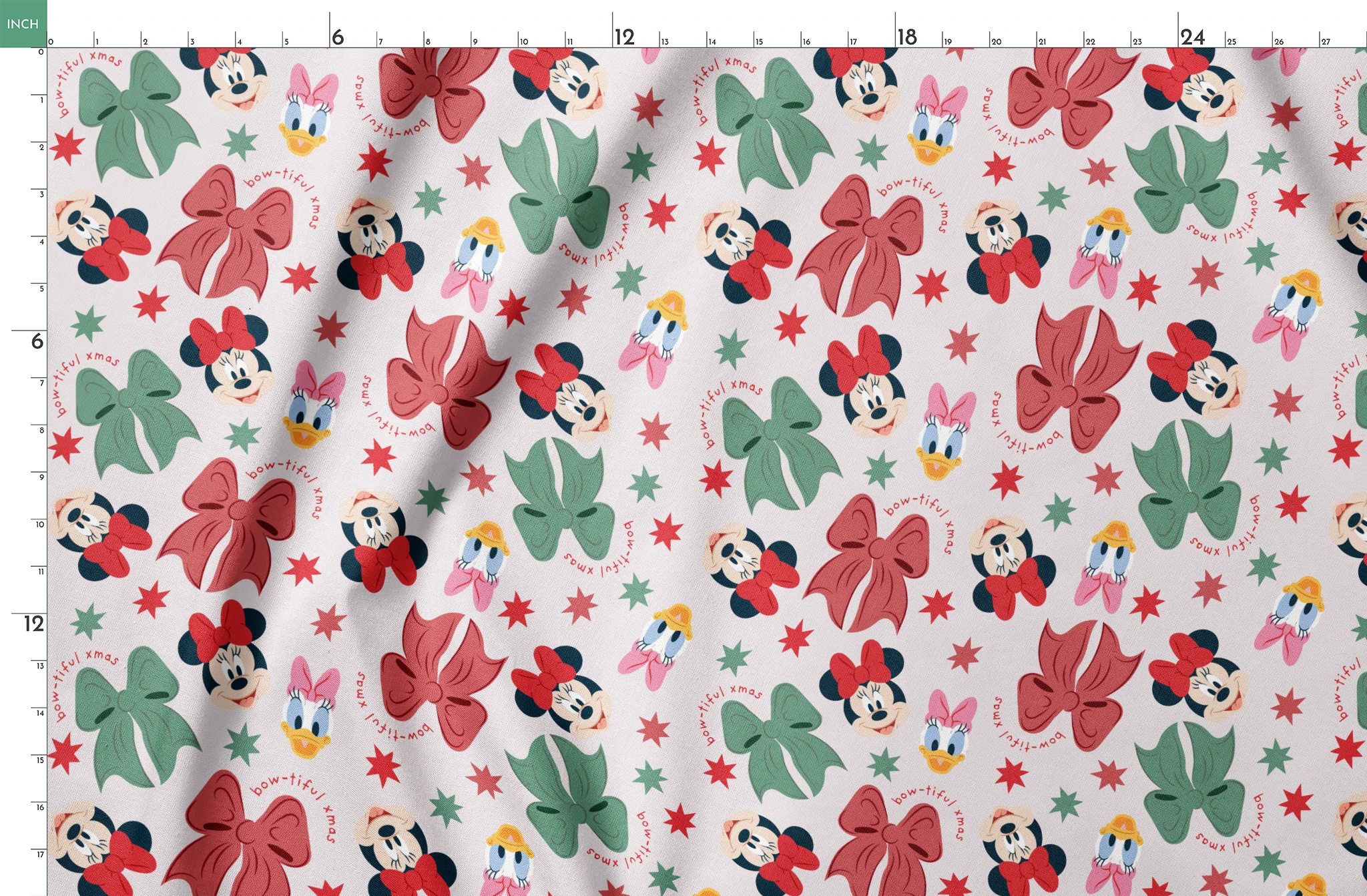 Disney pattern with Minnie Mouse and Daisy Duck characters, green and red bows, and green stars on light background. springs fatquarter mockup