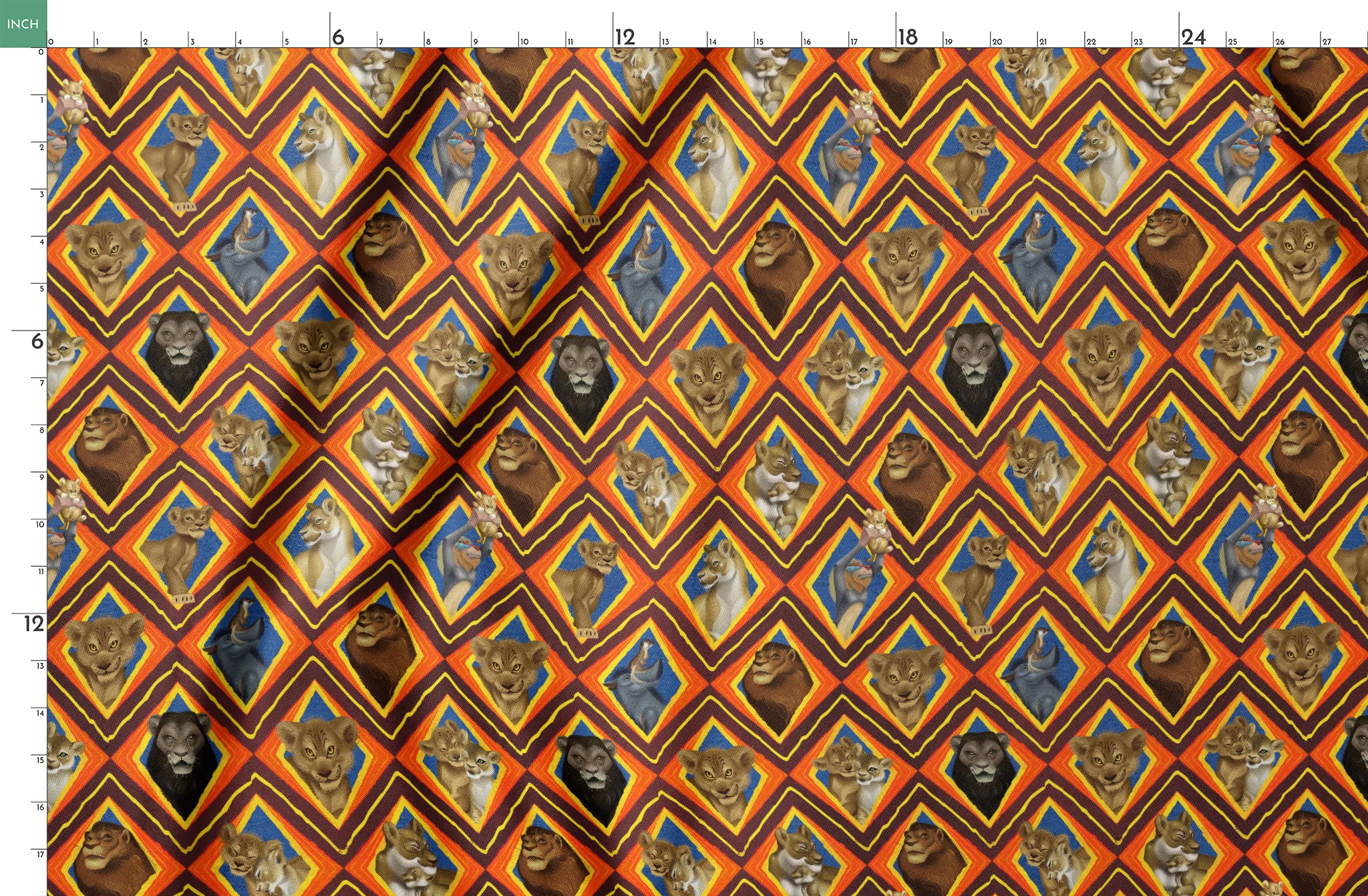 Diamond pattern of illustrated lions with various expressions in brown, tan, and gray against colorful geometric backgrounds. springs fatquarter mockup