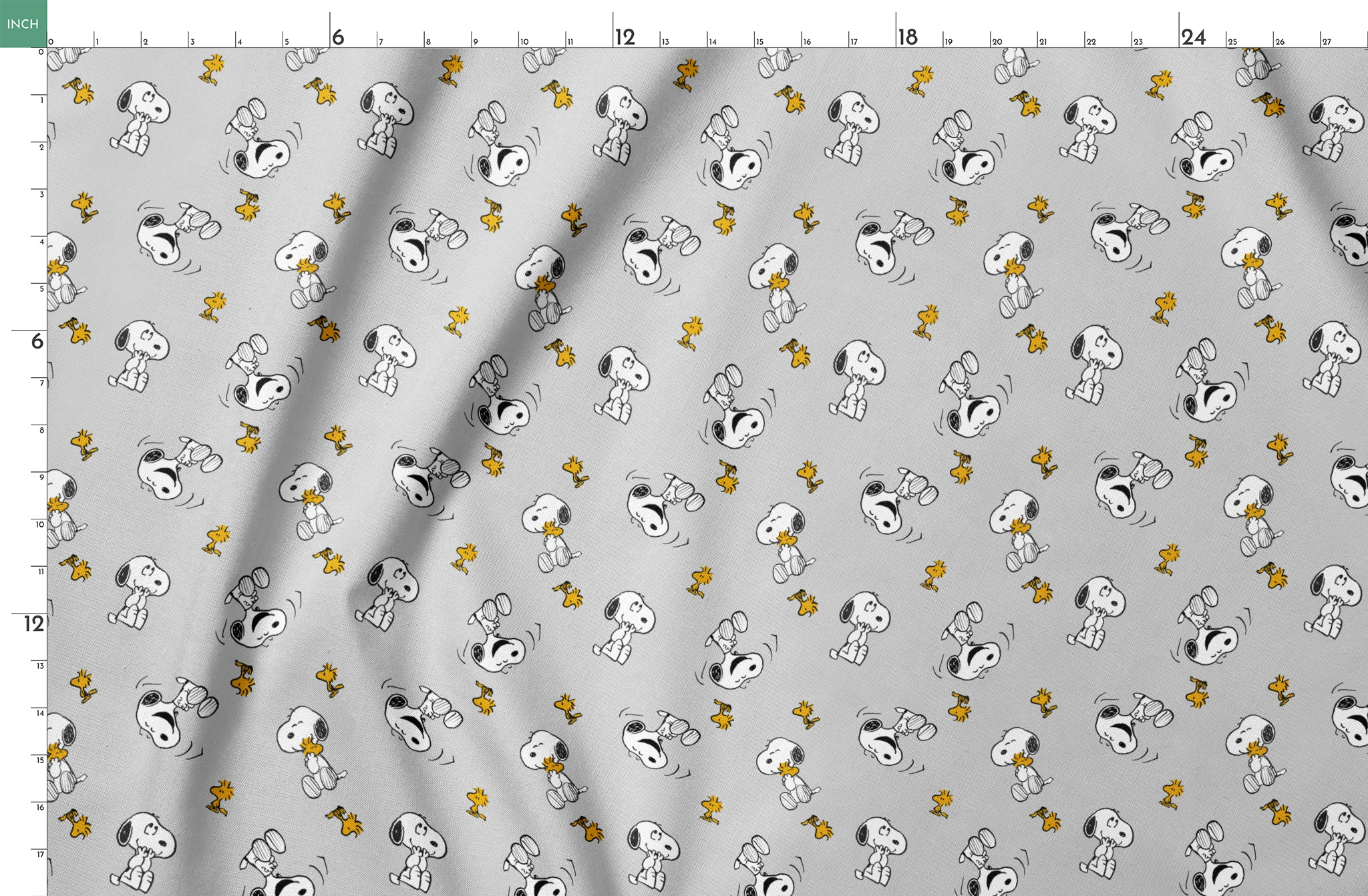 Pattern of Peanut's Snoopy and Woodstock on light gray background springs fatquarter mockup