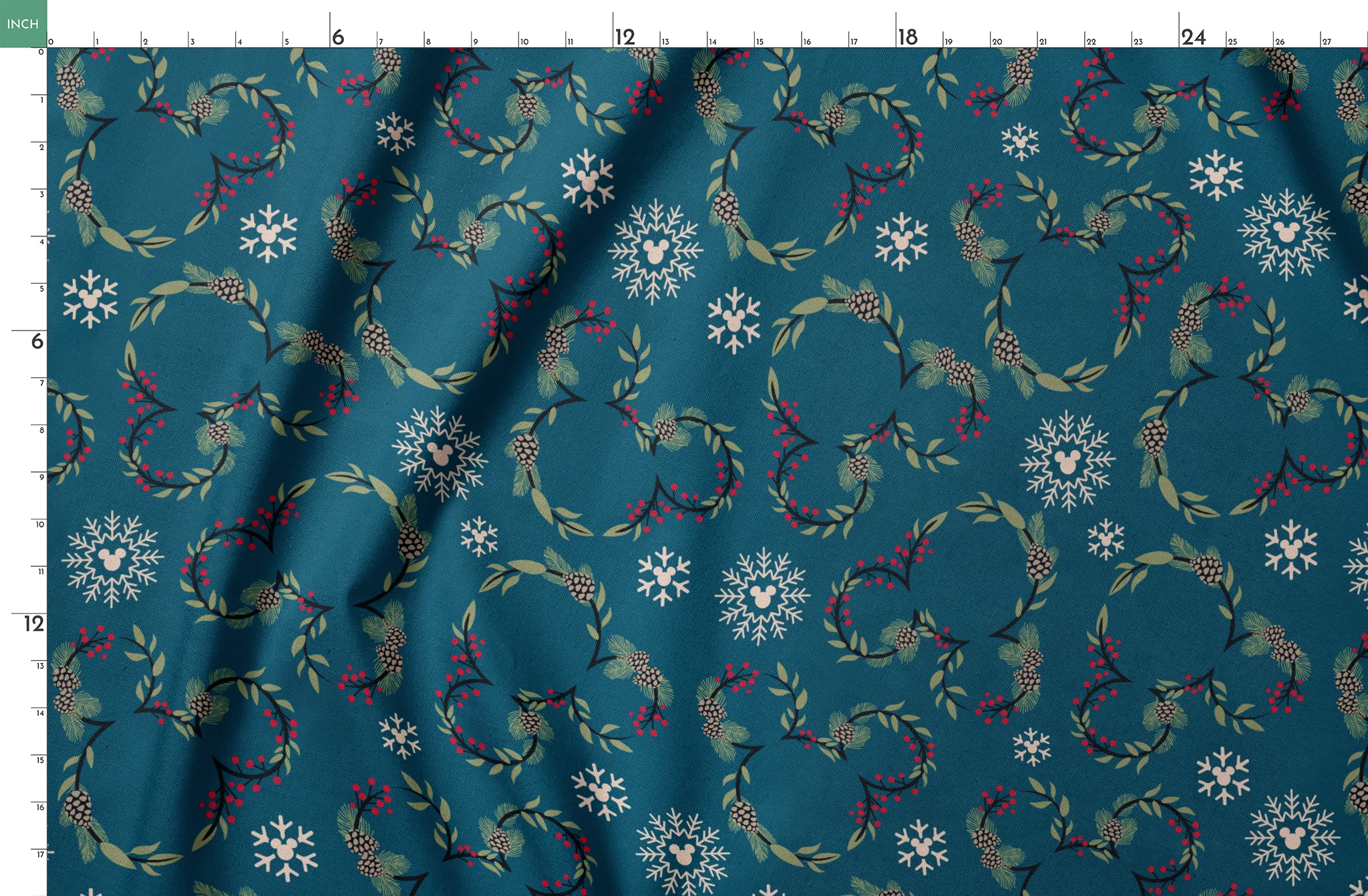 Holiday pattern with circular wreaths, white snowflakes, and botanical elements on teal background springs fatquarter mockup