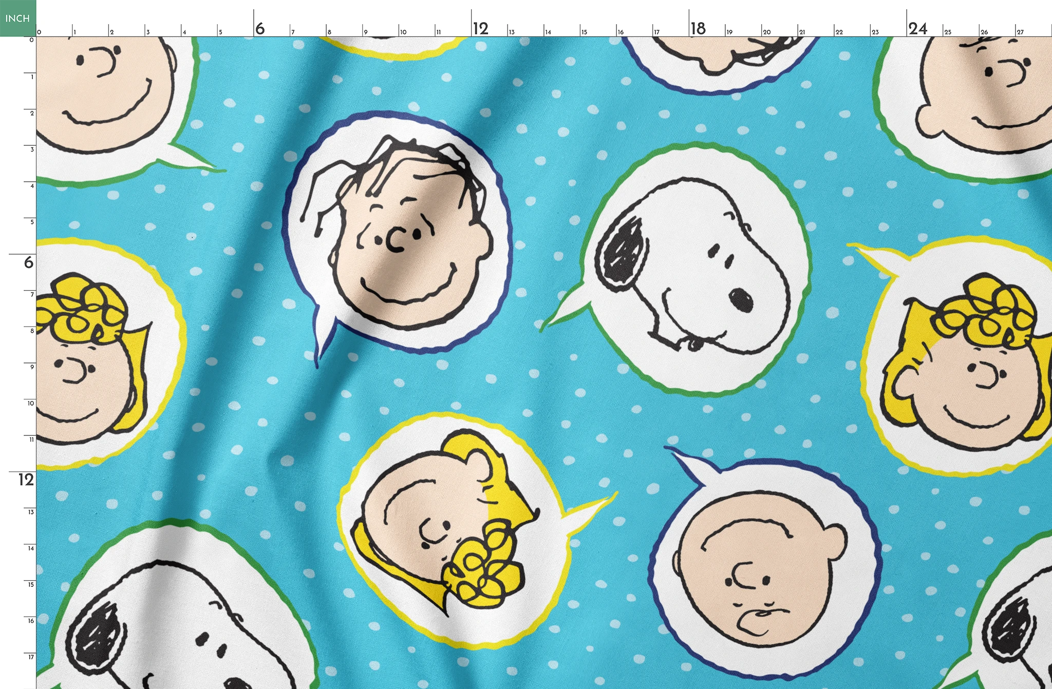 Peanuts characters pattern with Snoopy and other cartoon faces in circles on blue background springs fatquarter mockup