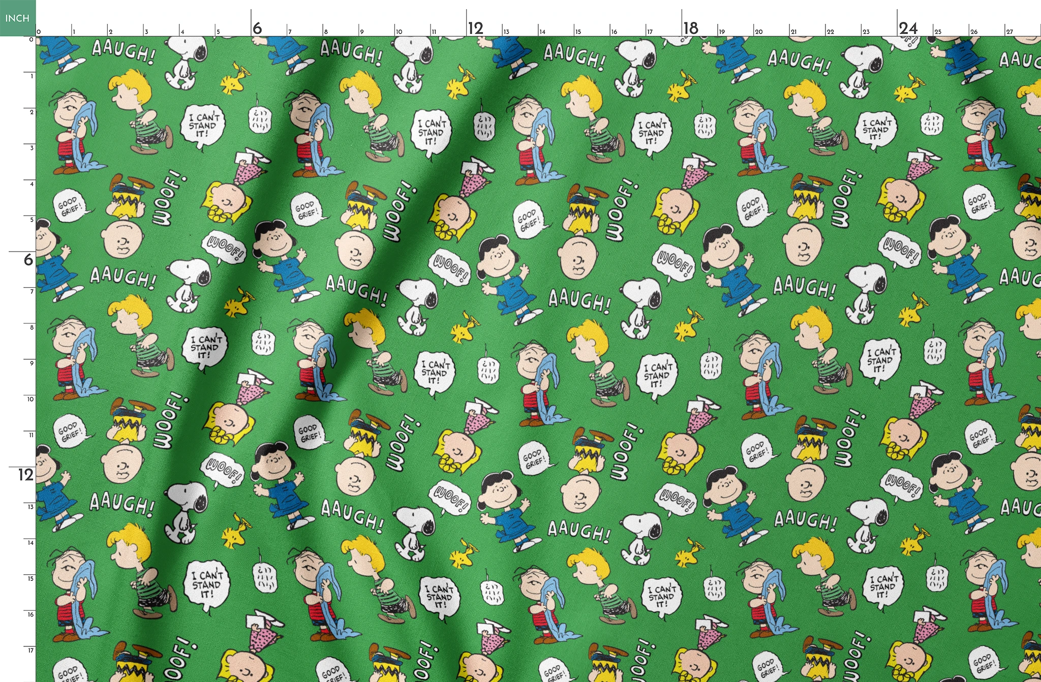 Peanuts comic characters on green background - Snoopy, Woodstock, and gang with speech bubbles like "AAUGH!" and "I CAN'T STAND IT! springs fatquarter mockup