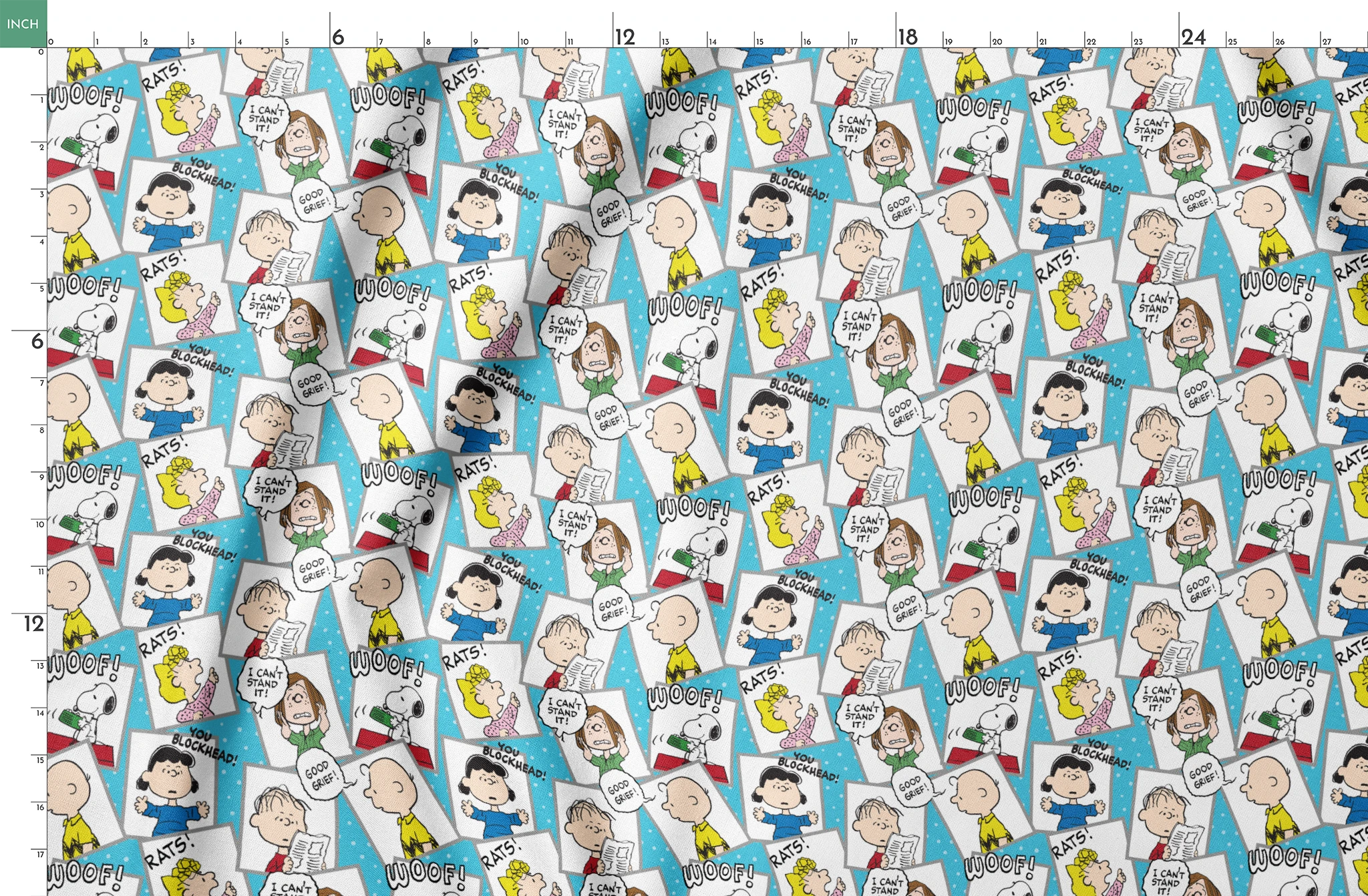 Peanuts comic characters in various expressions - Snoopy saying "WOOF!", speech bubbles with "RATS!", "I CAN'T STAND IT!", "YOU BLOCKHEAD!" and "GOOD GRIEF! springs fatquarter mockup