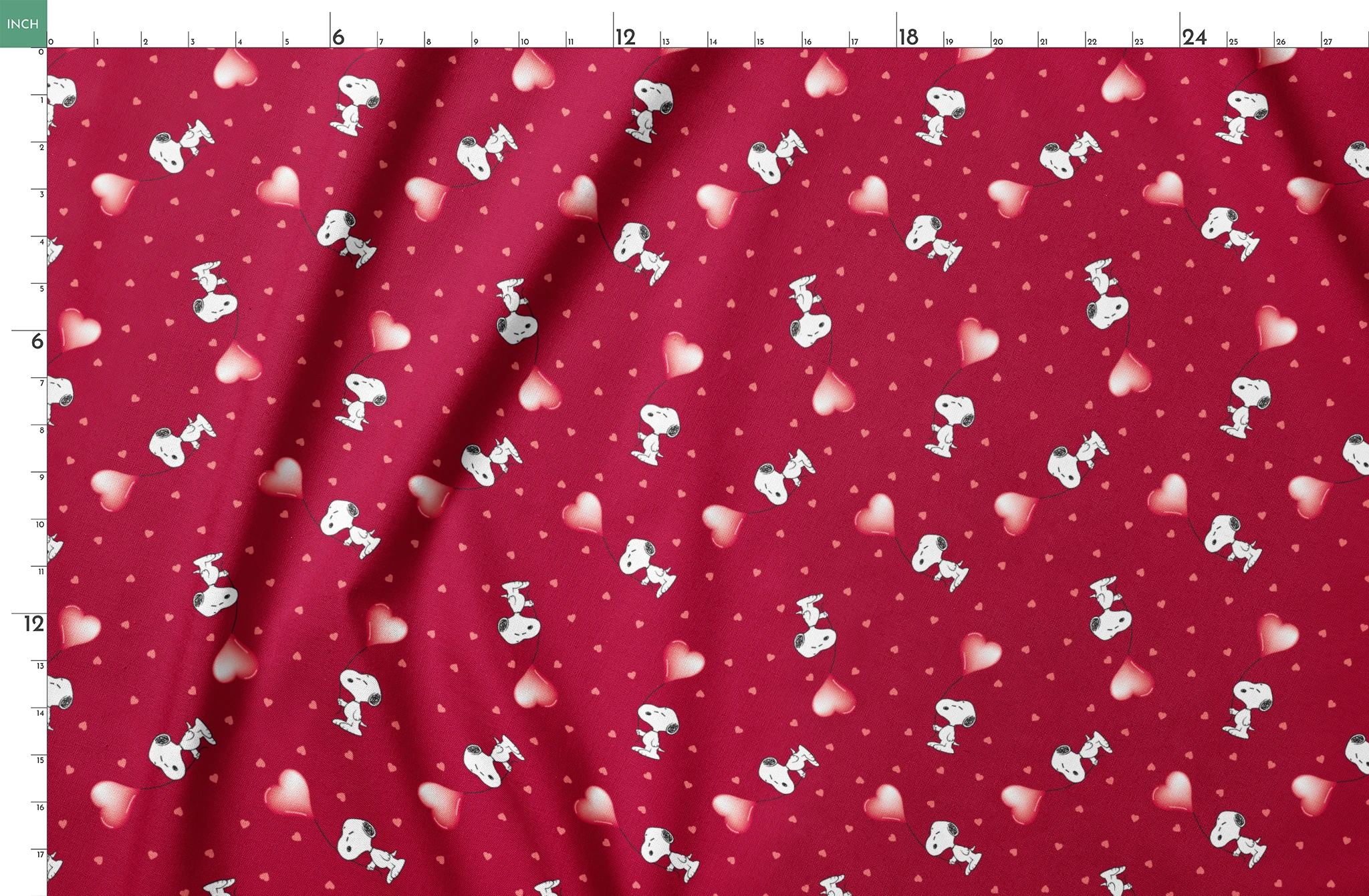 Snoopy scattered on red background with pink and white hearts pattern springs fatquarter mockup