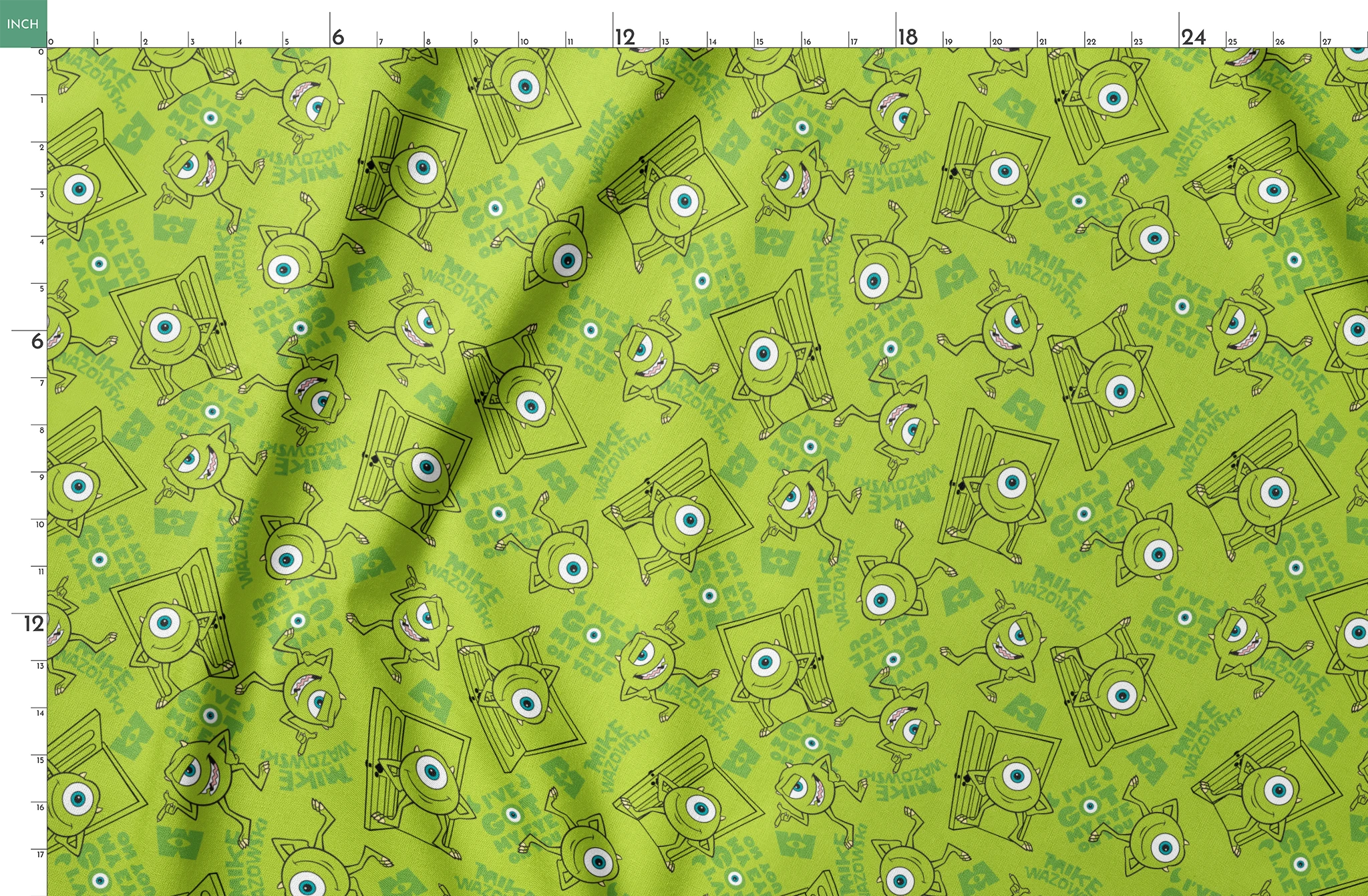 Green background with repeating Mike Wazowski in black outlines. springs fatquarter mockup