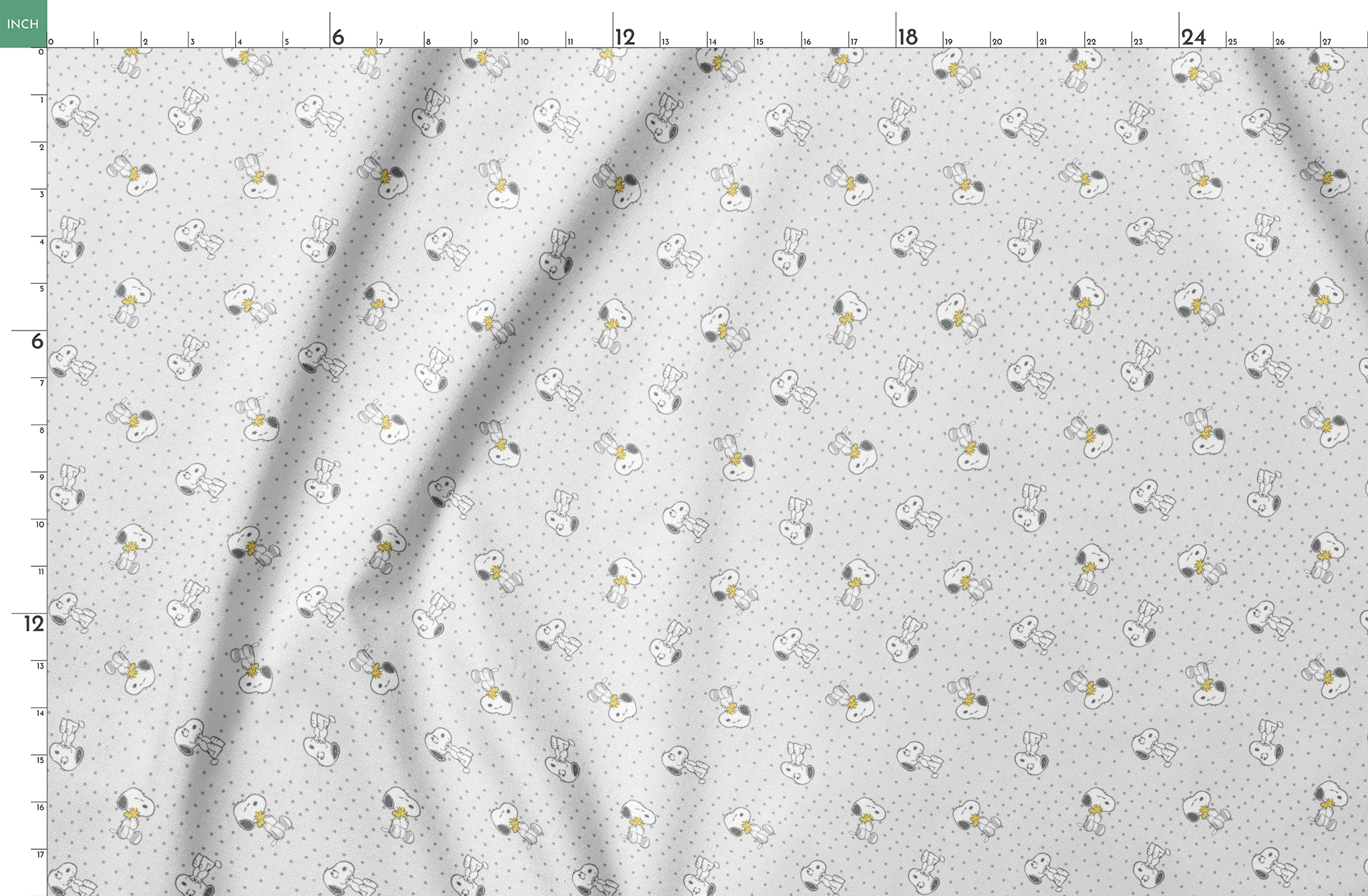 Snoopy and Woodstock on polka dot background in a repeating pattern springs fatquarter mockup