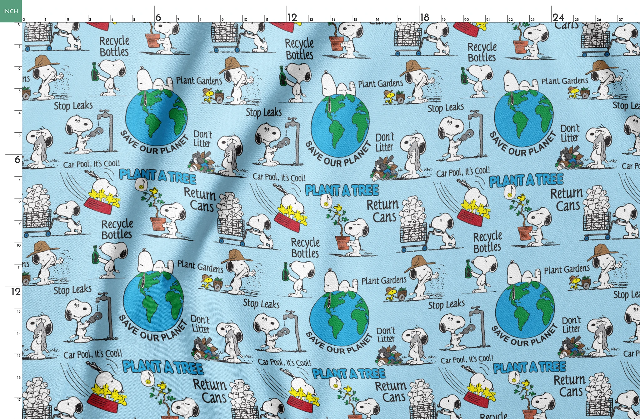 Snoopy cartoon dog in environmental scenes with Earth graphic and eco-friendly messages like "Plant a Tree" and "Recycle springs fatquarter mockup