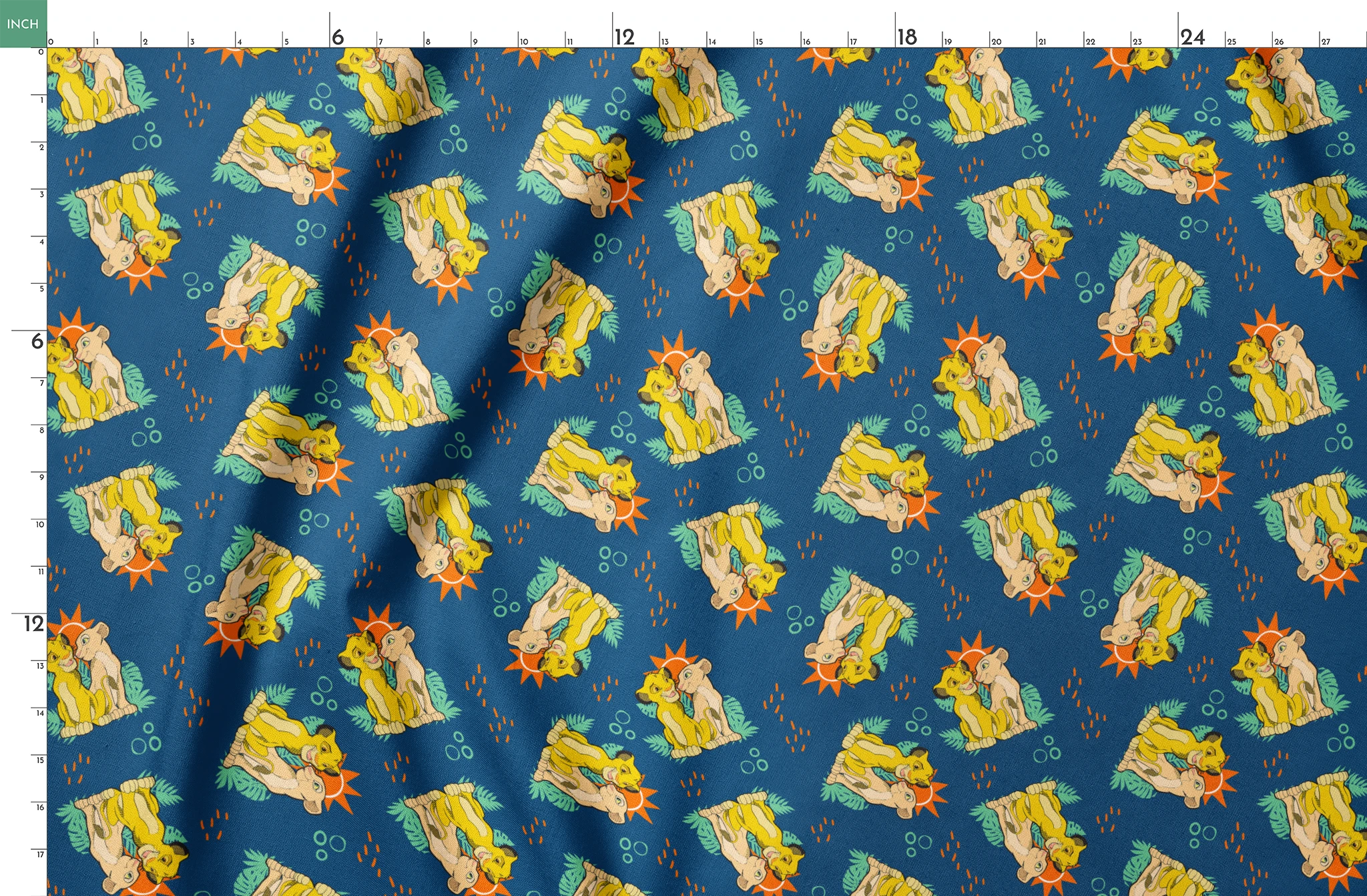Yellow cartoon lions and pale yellow animals on teal background with tropical leaves, orange sun shapes and bubbles. springs fatquarter mockup