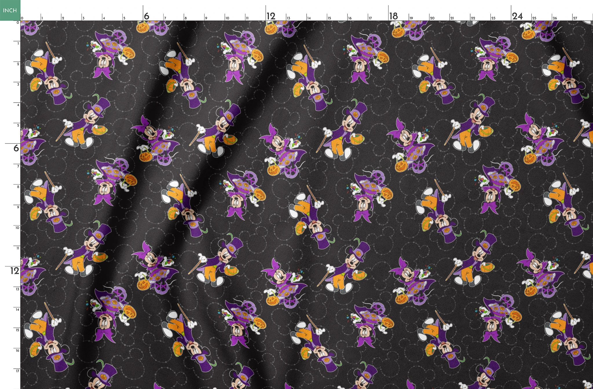 Mickey and Minnie in Halloween costumes on black background with purple, orange, and white details in a scattered pattern springs fatquarter mockup