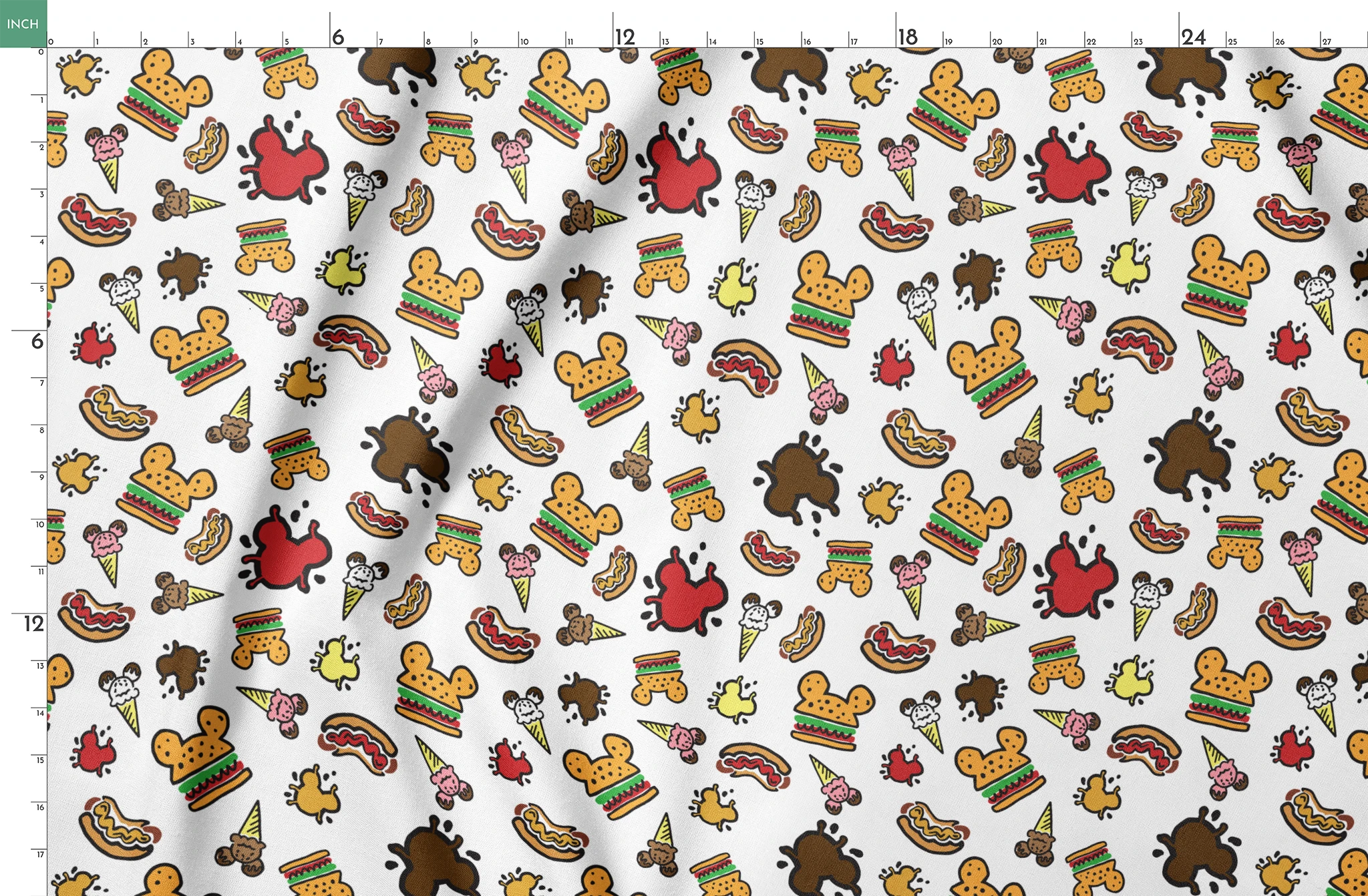 Colorful Disney theme park food icons including Mickey-shaped burgers, ice cream cones, hot dogs and apples on white background springs fatquarter mockup