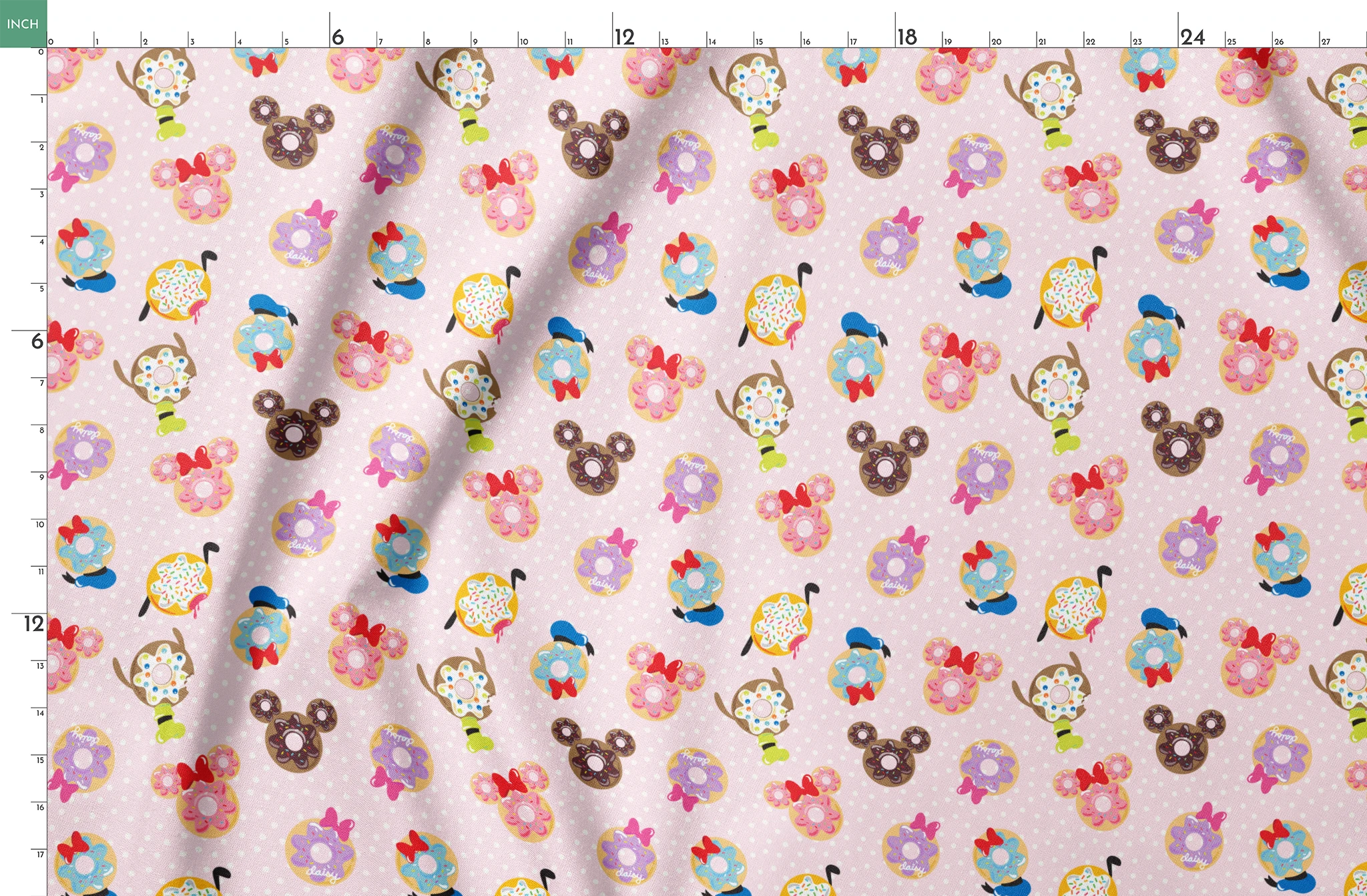 Mickey Mouse & friends donuts in various shapes on a pink polka dot background. springs fatquarter mockup