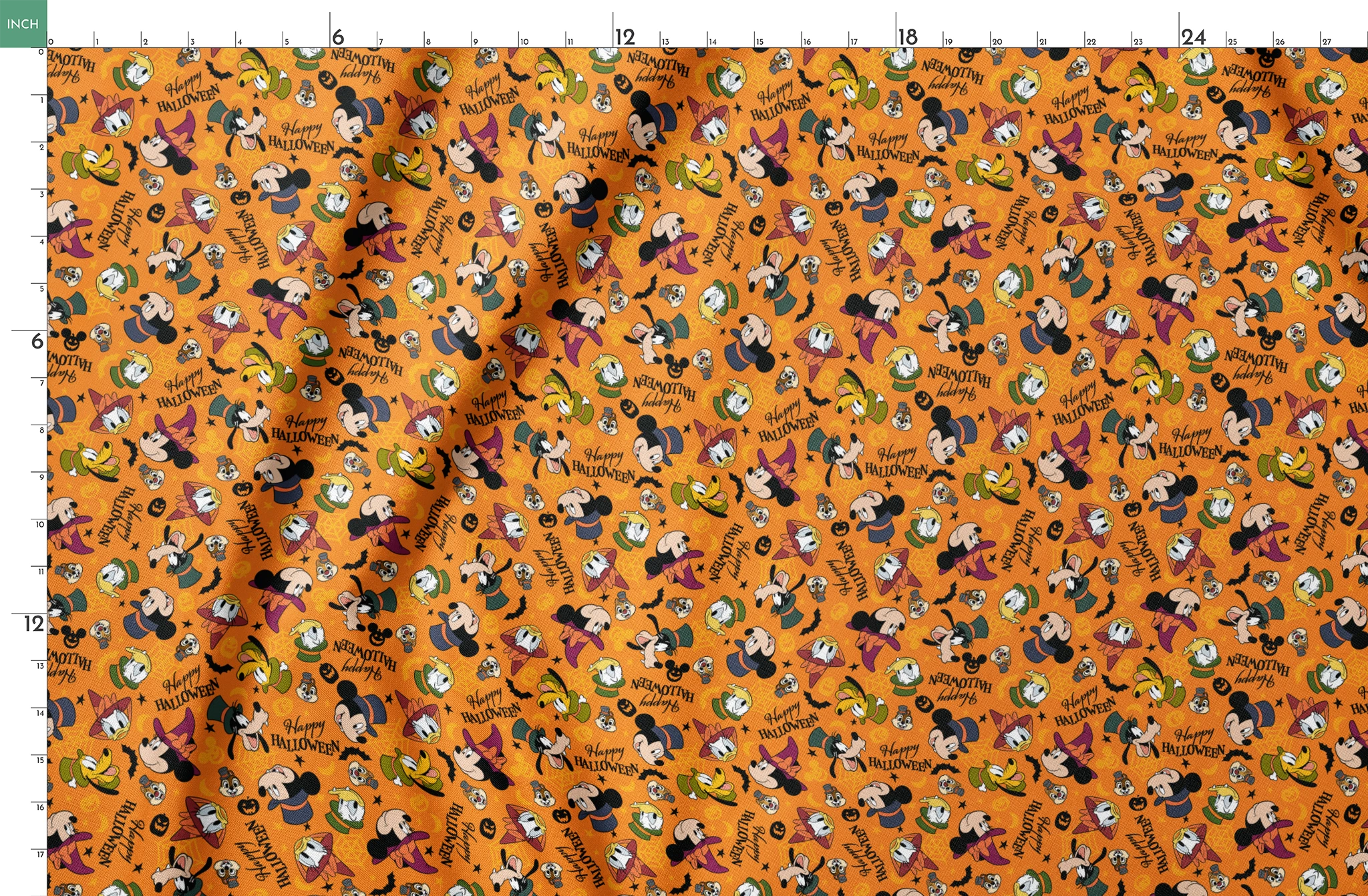 Disney characters in Halloween costumes on orange background with pumpkins and "Happy Halloween" text springs fatquarter mockup
