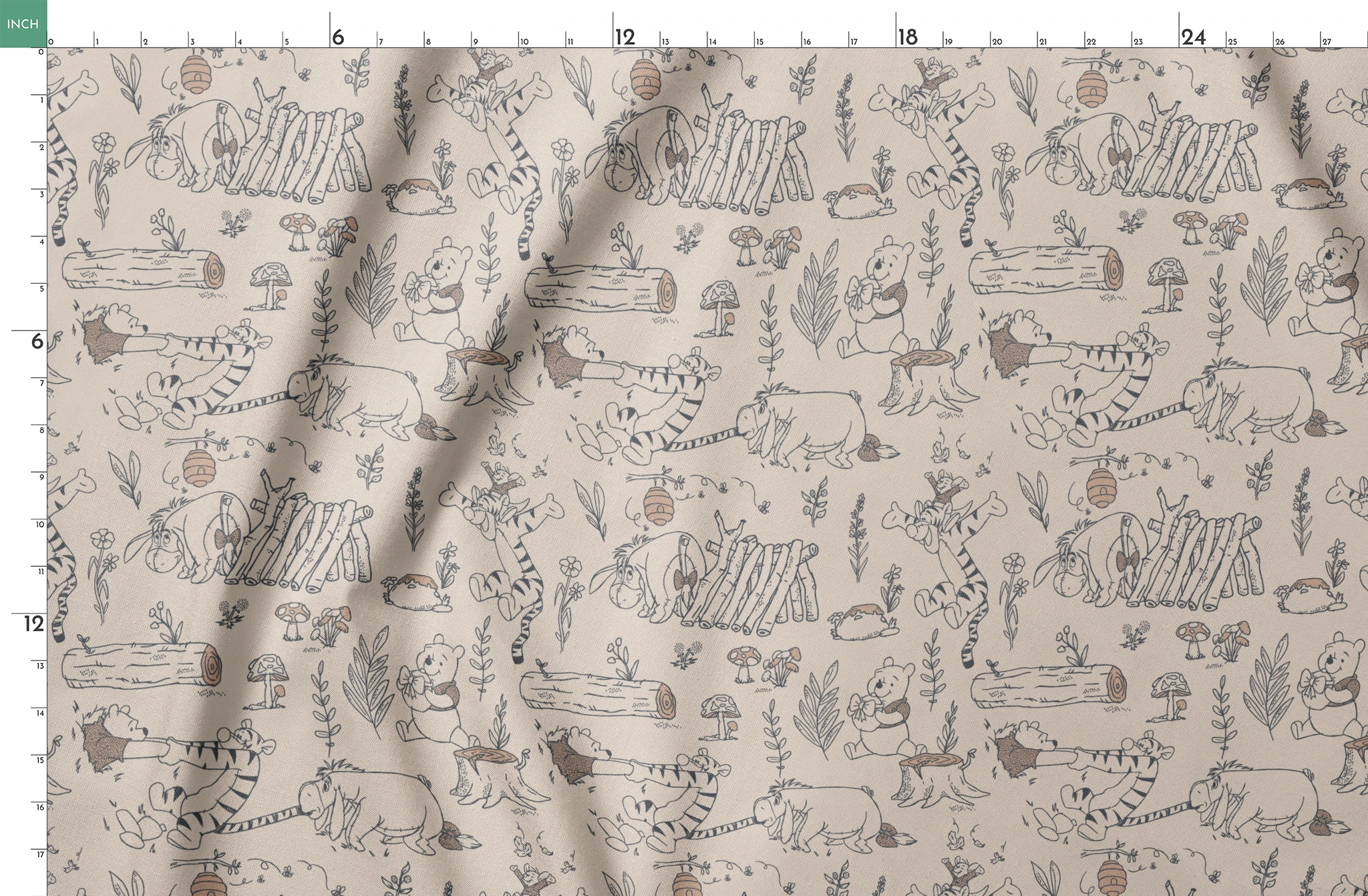 Whimsical illustrated pattern of woodland animals, logs, and plants in black line art on beige background springs fatquarter mockup