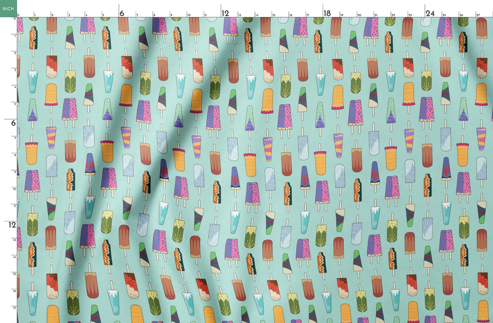 Disney Princess popsicle pattern on light teal background with various ice cream designs and styles springs fatquarter mockup