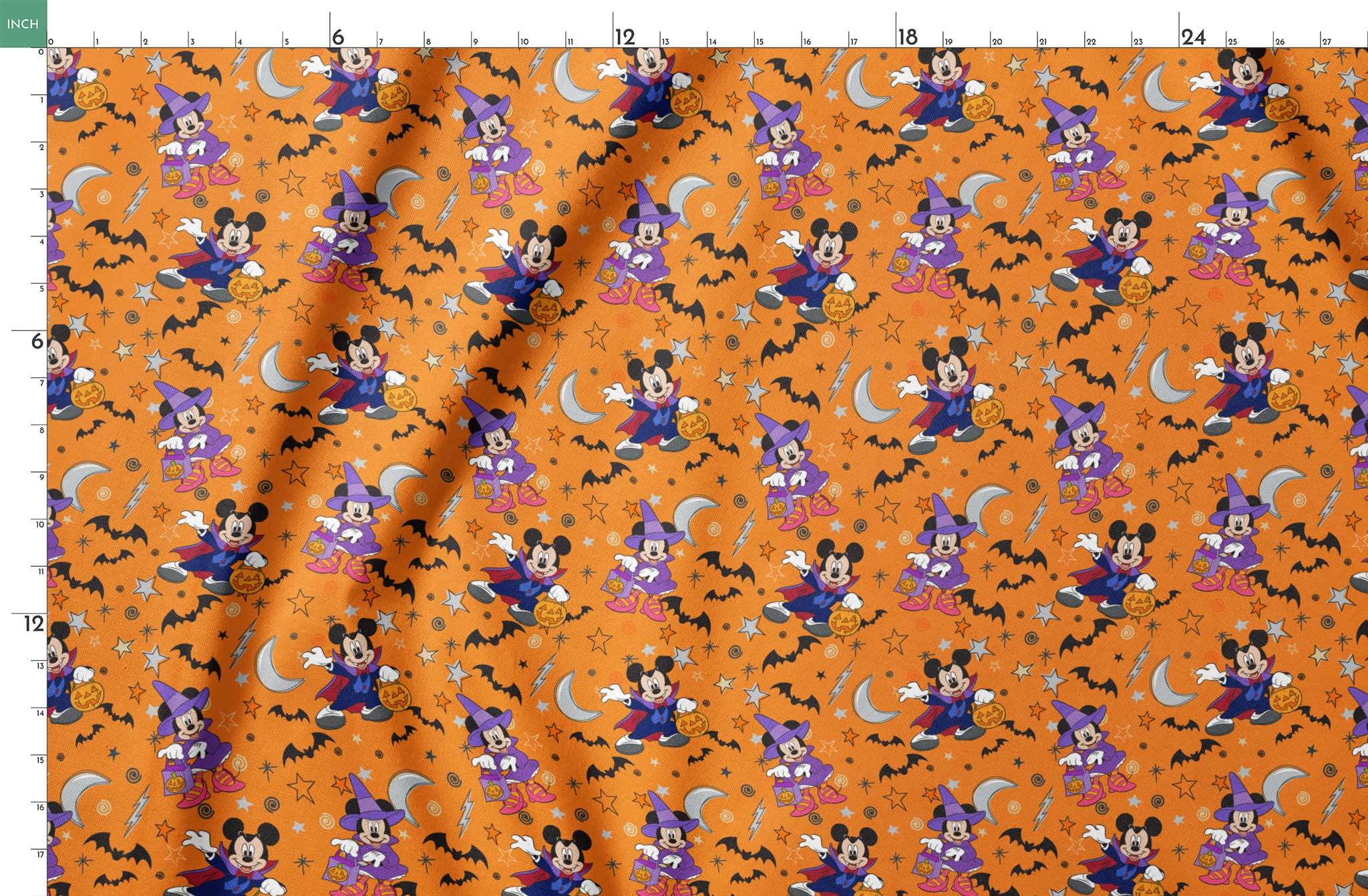 Halloween-themed cartoon pattern with Disney characters in costumes, bats, stars, moons, and ghosts on orange background. springs fatquarter mockup