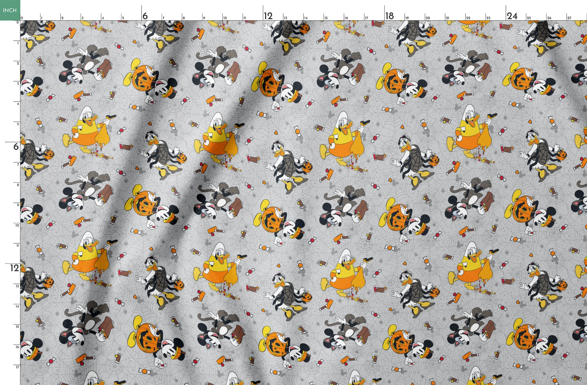 Disney characters on gray spider web pattern with candy corn scattered throughout, Halloween themed design. springs fatquarter mockup